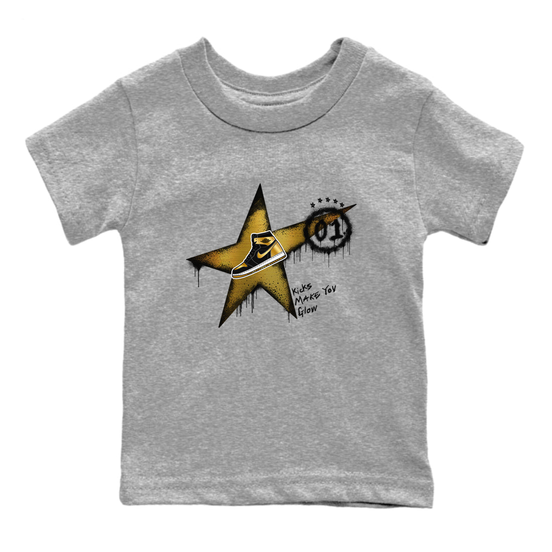 1s Black Metallic Gold shirts to match jordans Kicks Make You Glow sneaker match tees Jordan 1 High OG Black and Gold SNRT Sneaker Tees streetwear brand Baby and Youth Heather Grey 2 cotton tee