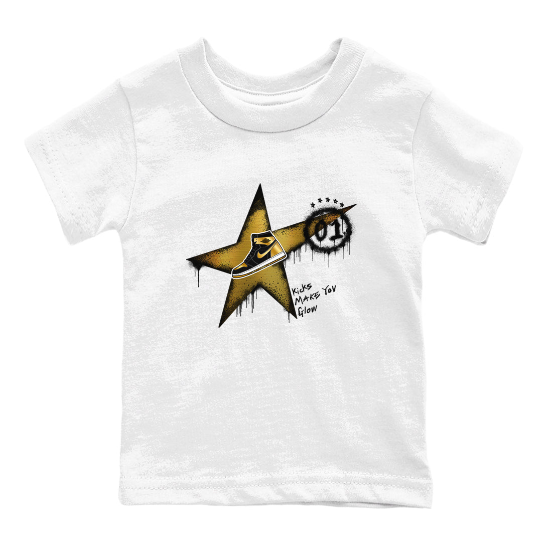 1s Black Metallic Gold shirts to match jordans Kicks Make You Glow sneaker match tees Jordan 1 High OG Black and Gold SNRT Sneaker Tees streetwear brand Baby and Youth White 2 cotton tee