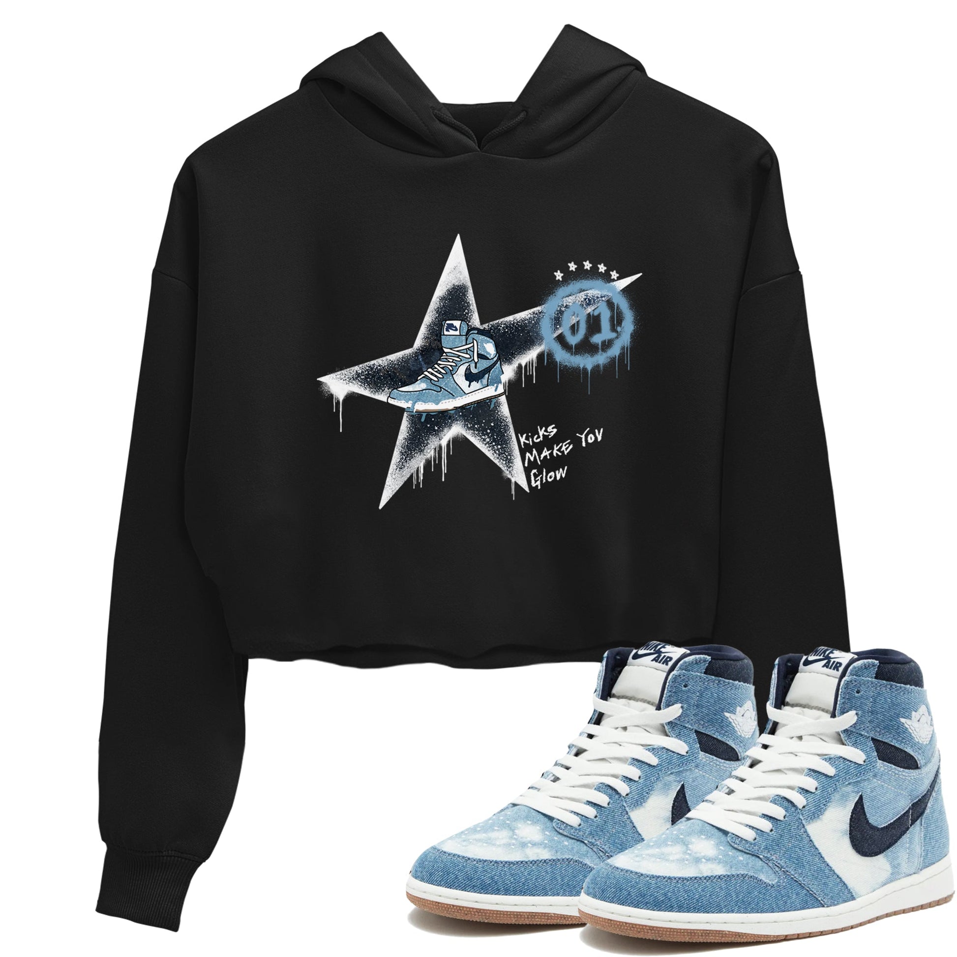 1s Denim shirts to match jordans Kicks Make You Glow sneaker match tees Air Jordan 1 Denim SNRT Sneaker Tees streetwear brand Black 1 crop tee