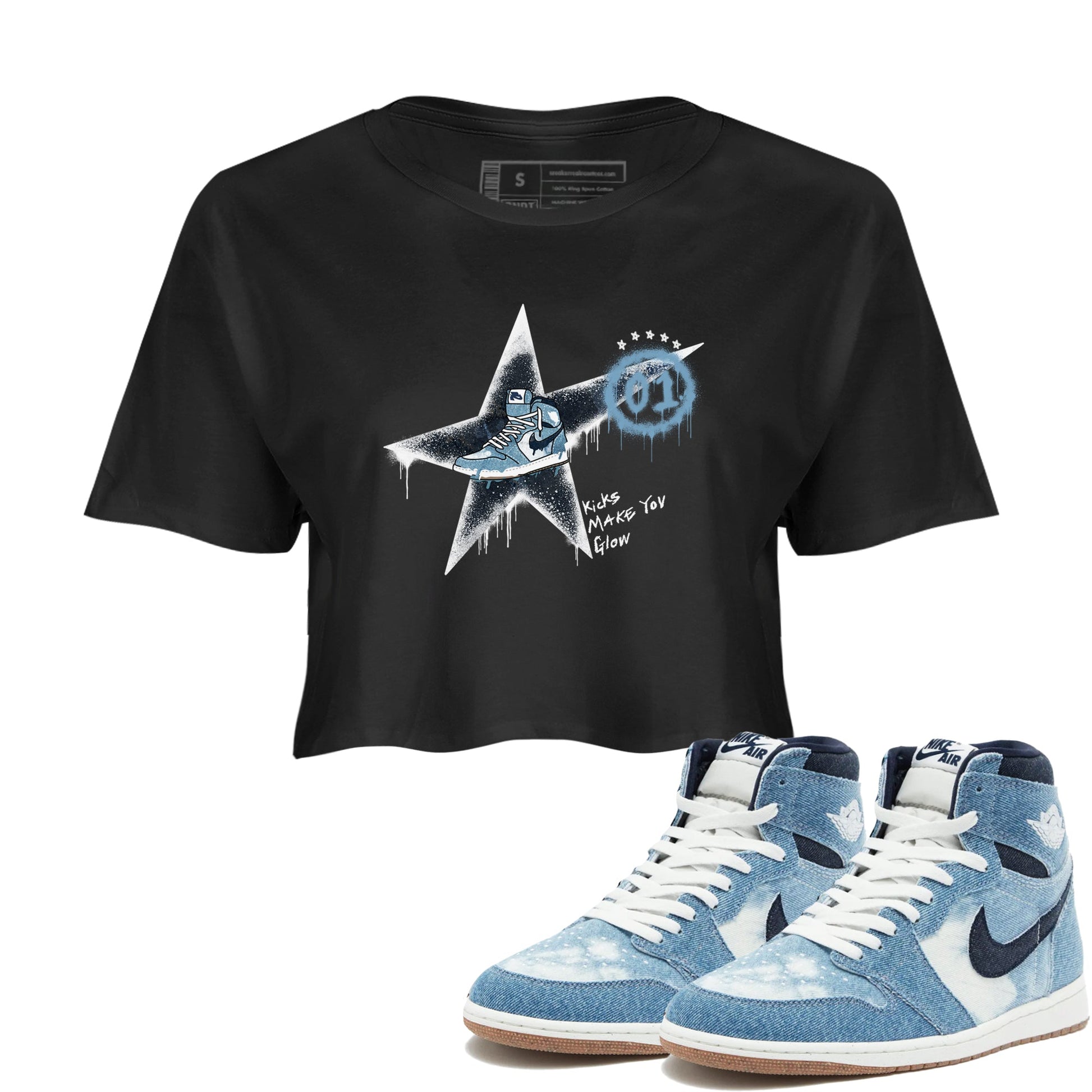 1s Denim shirts to match jordans Kicks Make You Glow sneaker match tees Air Jordan 1 Denim SNRT Sneaker Tees streetwear brand Black 1 crop tee