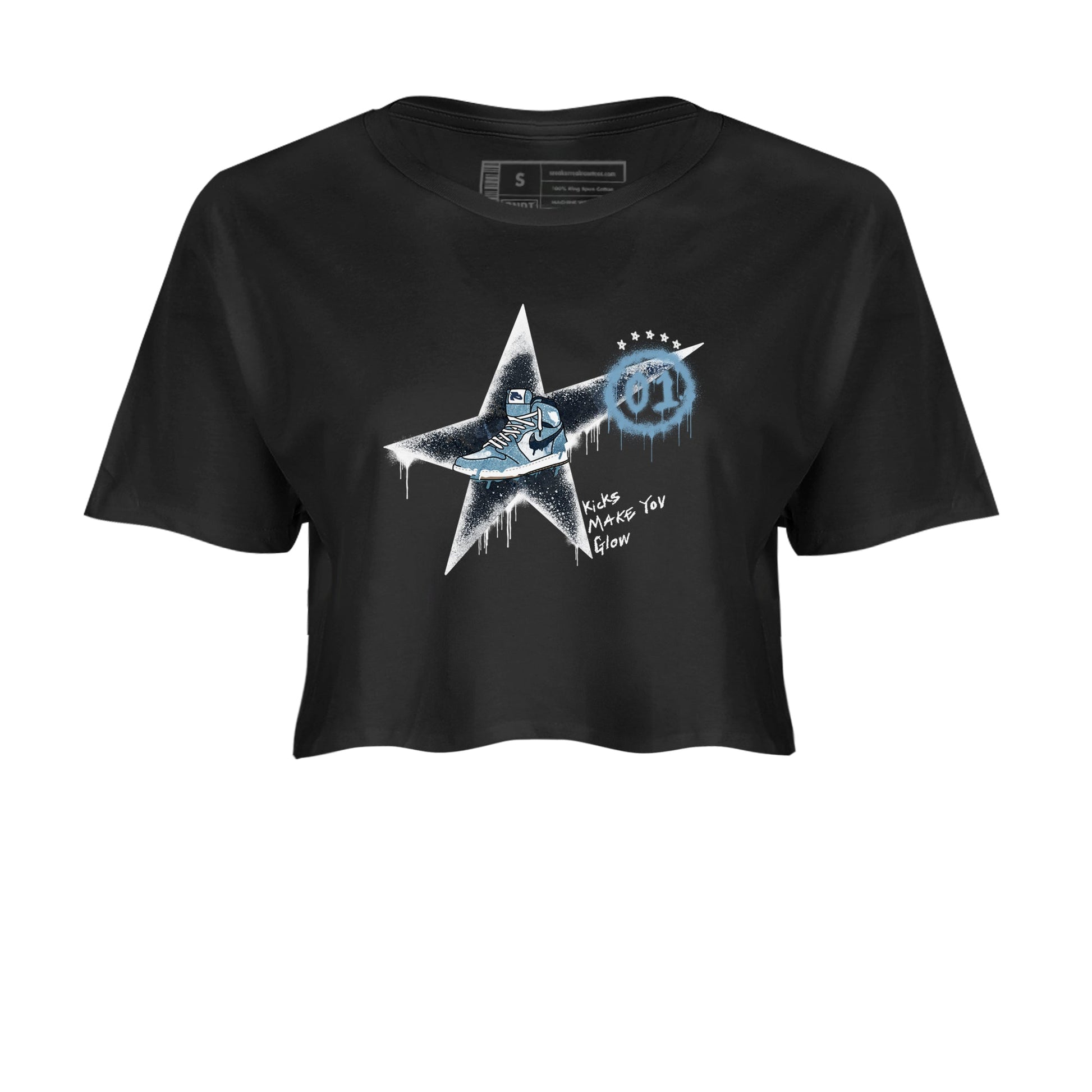 1s Denim shirts to match jordans Kicks Make You Glow sneaker match tees Air Jordan 1 Denim SNRT Sneaker Tees streetwear brand Black 2 crop tee