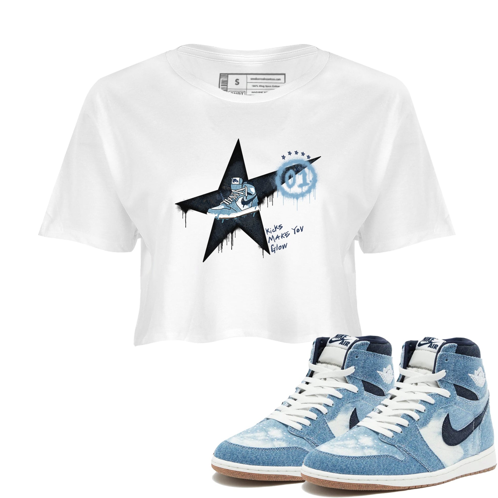1s Denim shirts to match jordans Kicks Make You Glow sneaker match tees Air Jordan 1 Denim SNRT Sneaker Tees streetwear brand White 1 crop tee