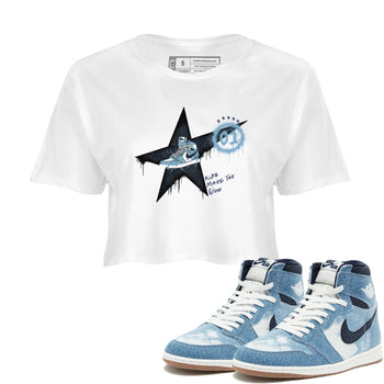1s Denim shirts to match jordans Kicks Make You Glow sneaker match tees Air Jordan 1 Denim SNRT Sneaker Tees streetwear brand White 1 crop tee