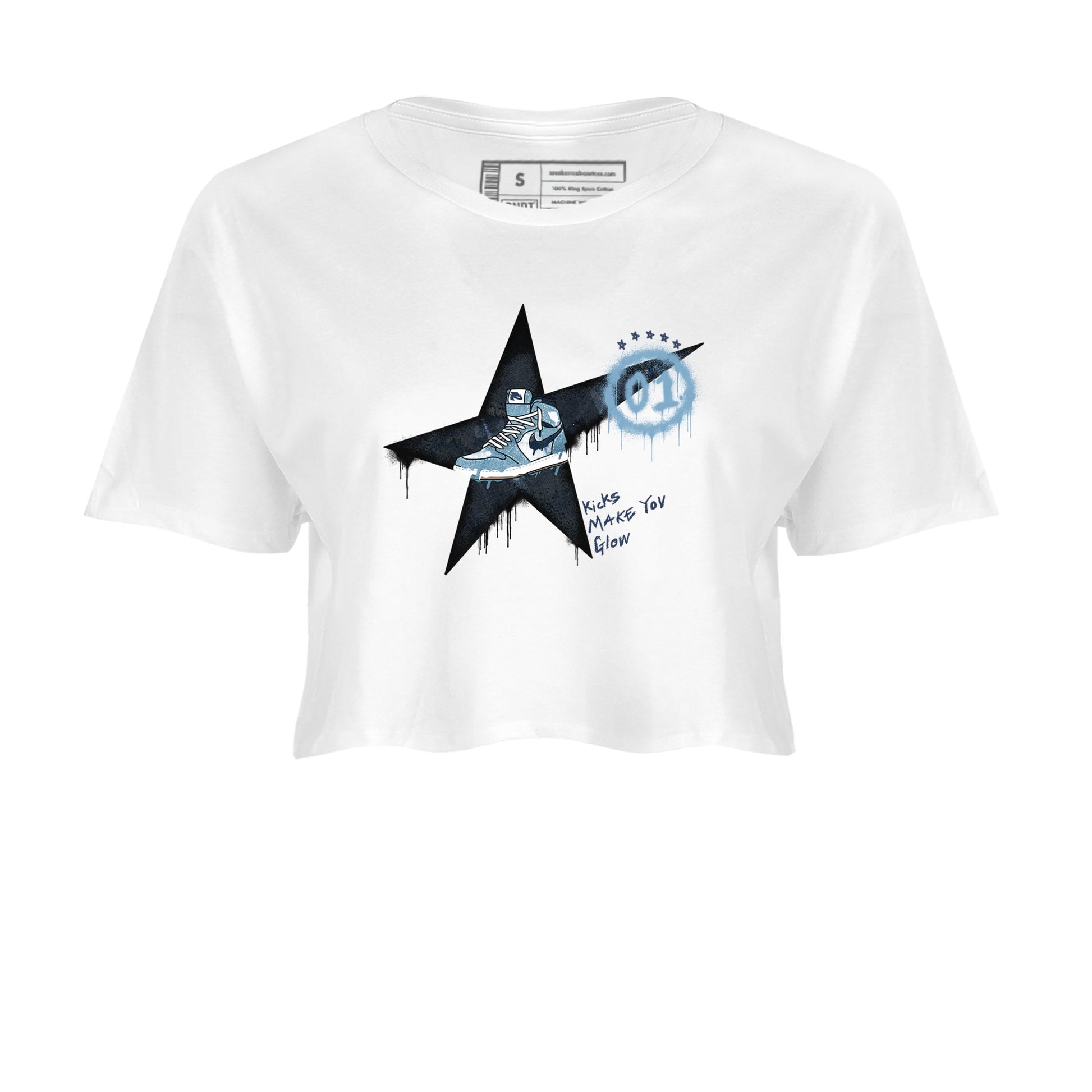 1s Denim shirts to match jordans Kicks Make You Glow sneaker match tees Air Jordan 1 Denim SNRT Sneaker Tees streetwear brand White 2 crop tee