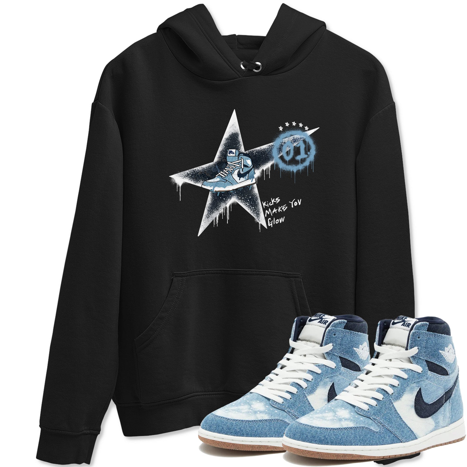 1s Denim shirts to match jordans Kicks Make You Glow sneaker match tees Air Jordan 1 Denim SNRT Sneaker Tees streetwear brand Black 1 unisex cotton tee