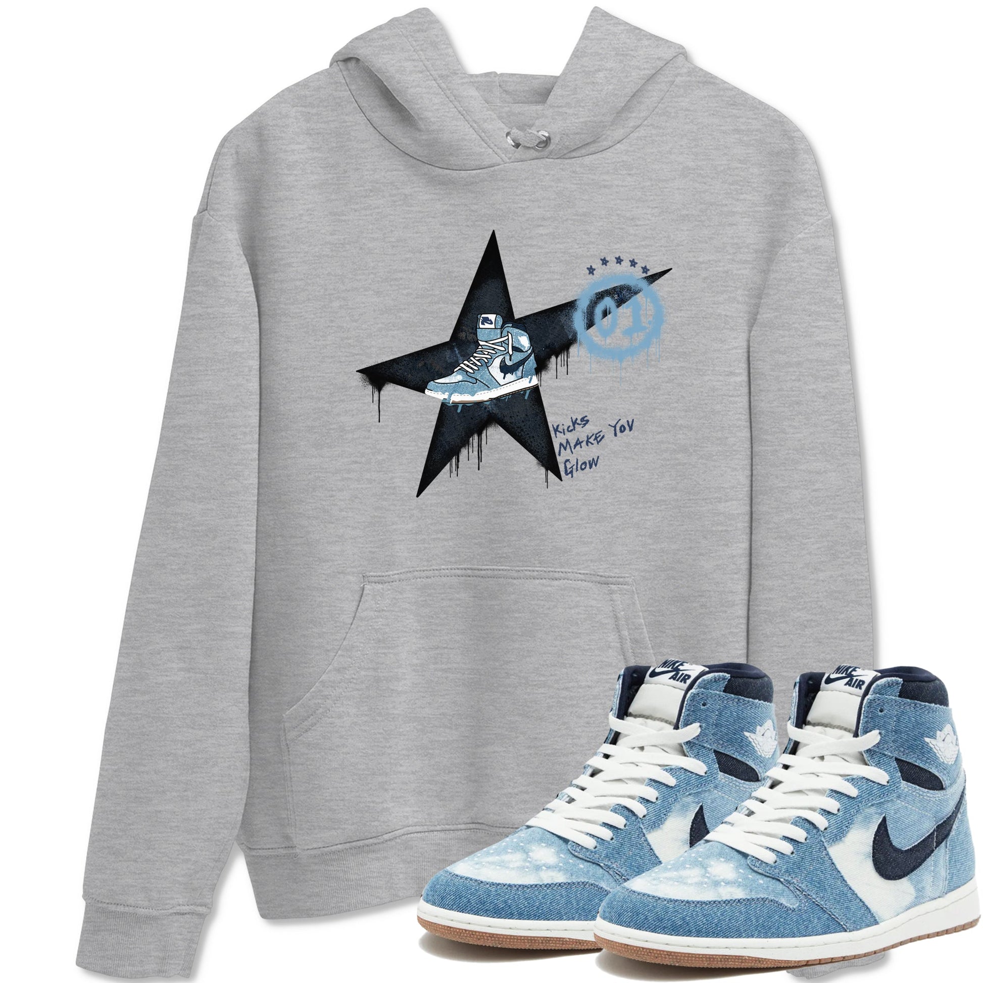 1s Denim shirts to match jordans Kicks Make You Glow sneaker match tees Air Jordan 1 Denim SNRT Sneaker Tees streetwear brand Heather Grey 1 unisex cotton tee