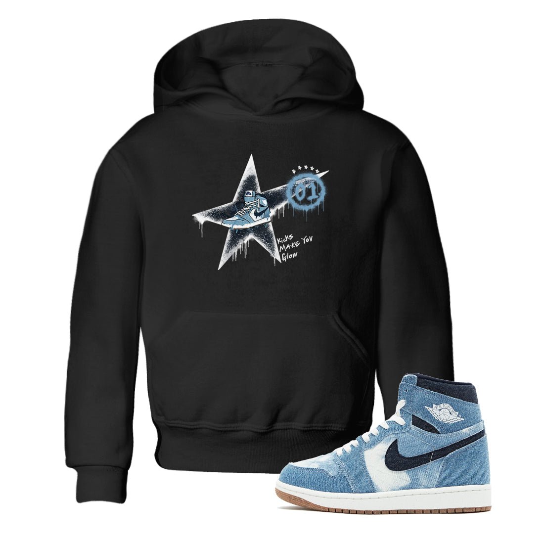 1s Denim shirts to match jordans Kicks Make You Glow sneaker match tees Air Jordan 1 Denim SNRT Sneaker Tees streetwear brand Baby and Youth Black 1 cotton tee
