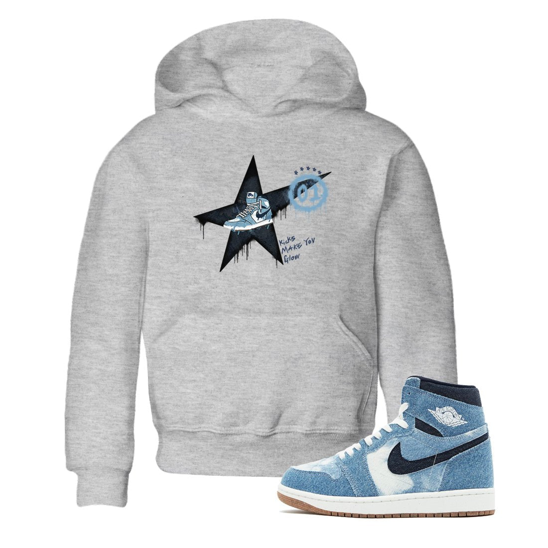 1s Denim shirts to match jordans Kicks Make You Glow sneaker match tees Air Jordan 1 Denim SNRT Sneaker Tees streetwear brand Baby and Youth Heather Grey 1 cotton tee