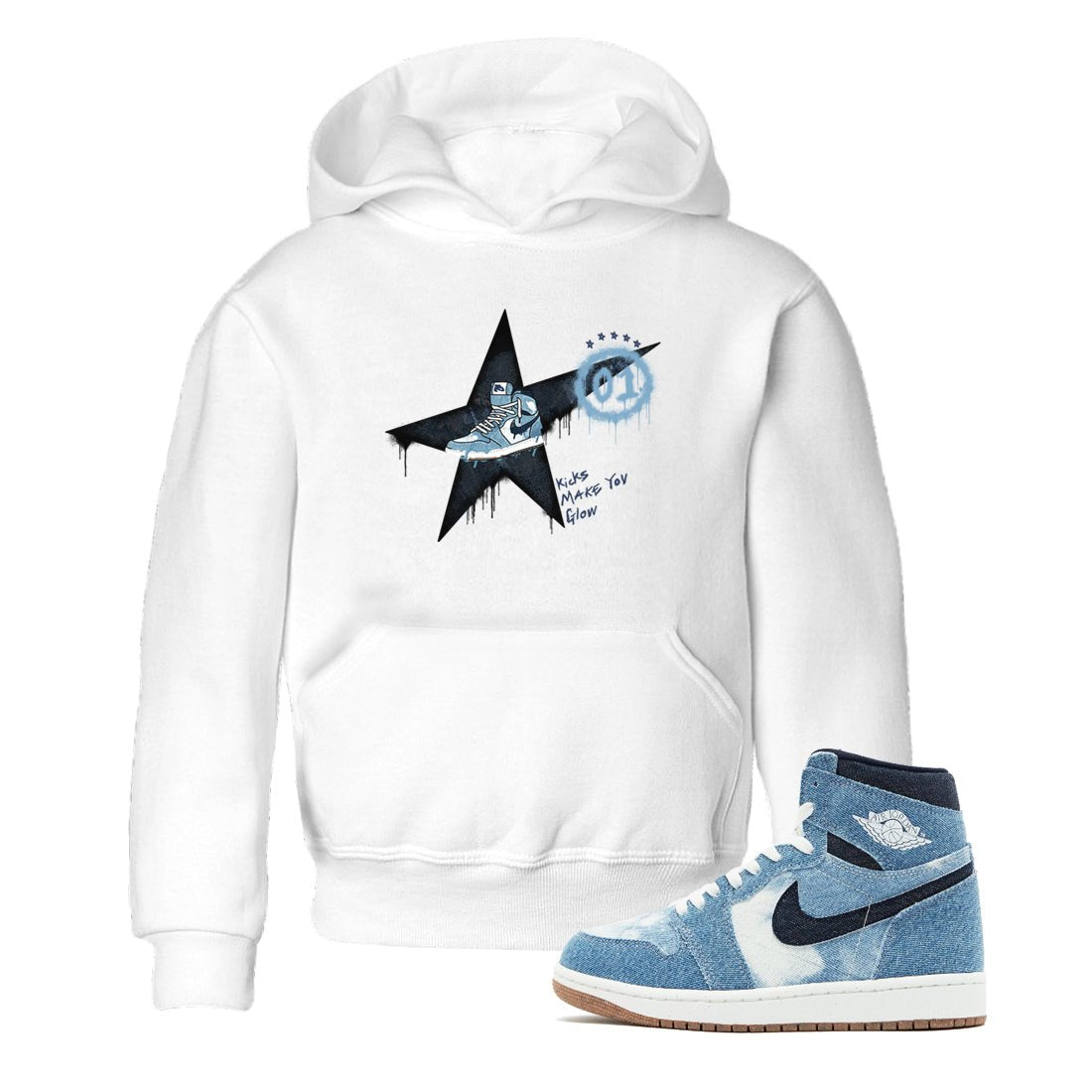1s Denim shirts to match jordans Kicks Make You Glow sneaker match tees Air Jordan 1 Denim SNRT Sneaker Tees streetwear brand Baby and Youth White 1 cotton tee
