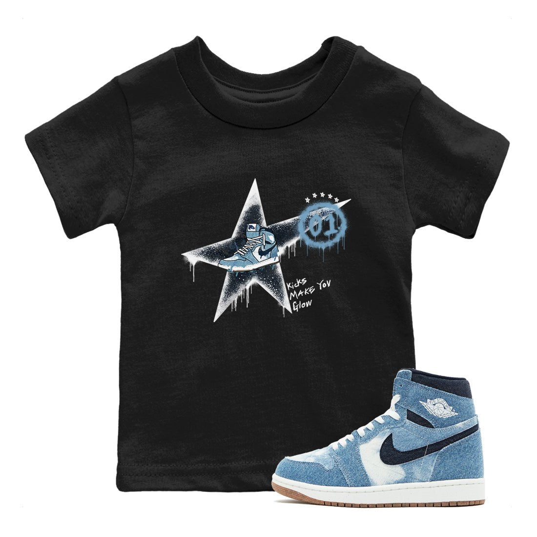 1s Denim shirts to match jordans Kicks Make You Glow sneaker match tees Air Jordan 1 Denim SNRT Sneaker Tees streetwear brand Baby and Youth Black 1 cotton tee