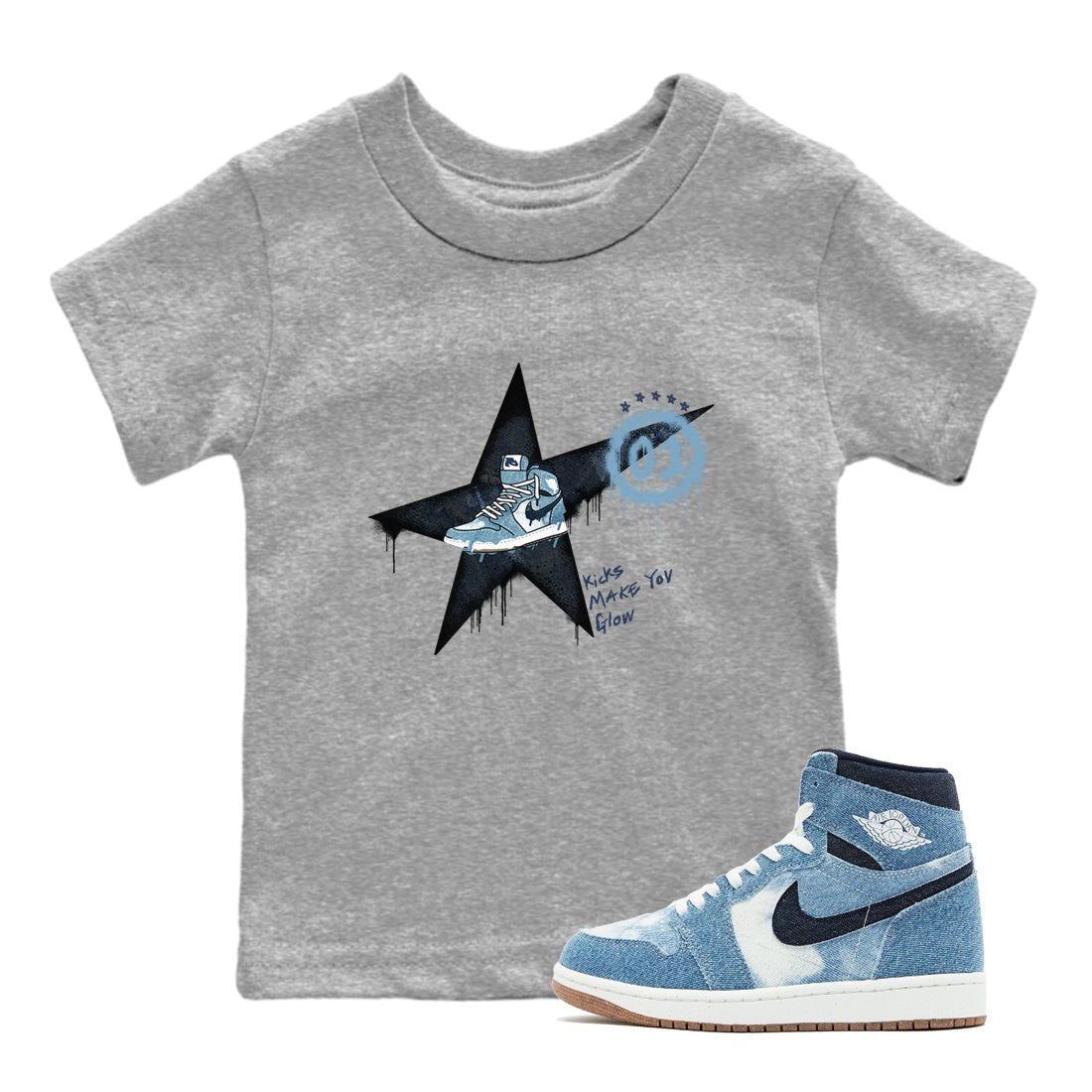 1s Denim shirts to match jordans Kicks Make You Glow sneaker match tees Air Jordan 1 Denim SNRT Sneaker Tees streetwear brand Baby and Youth Heather Grey 1 cotton tee