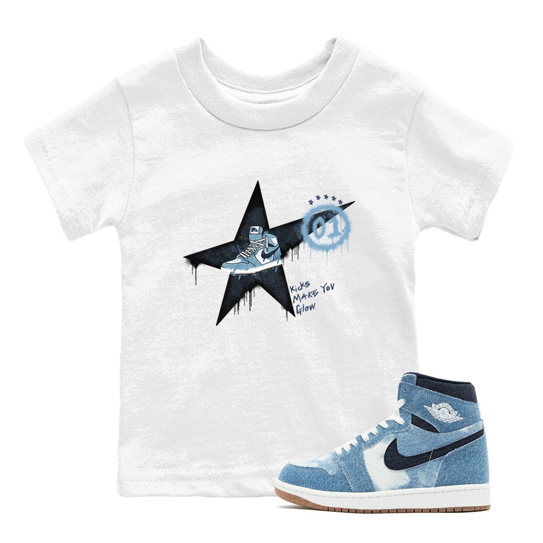 1s Denim shirts to match jordans Kicks Make You Glow sneaker match tees Air Jordan 1 Denim SNRT Sneaker Tees streetwear brand Baby and Youth White 1 cotton tee