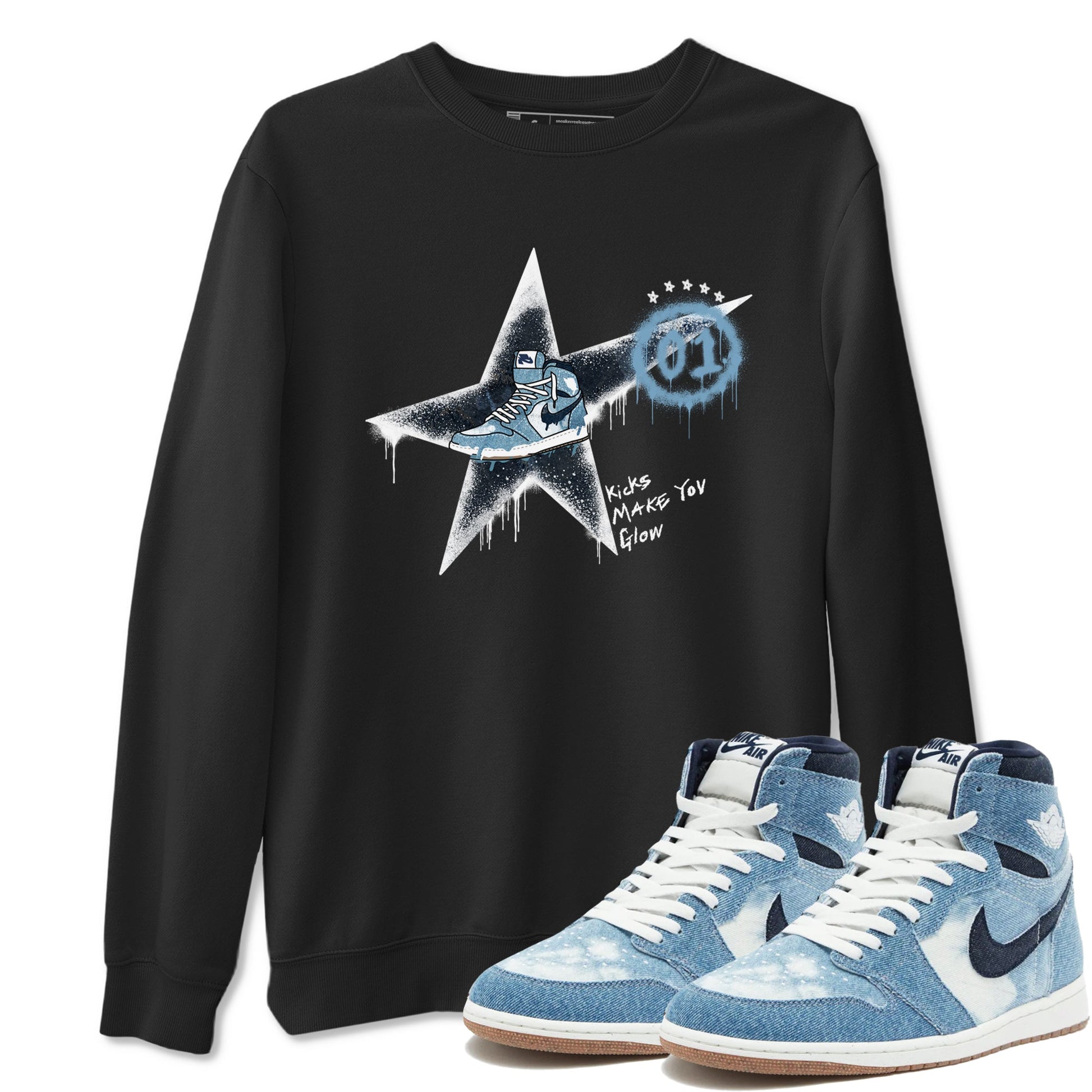 1s Denim shirts to match jordans Kicks Make You Glow sneaker match tees Air Jordan 1 Denim SNRT Sneaker Tees streetwear brand Black 1 unisex cotton tee
