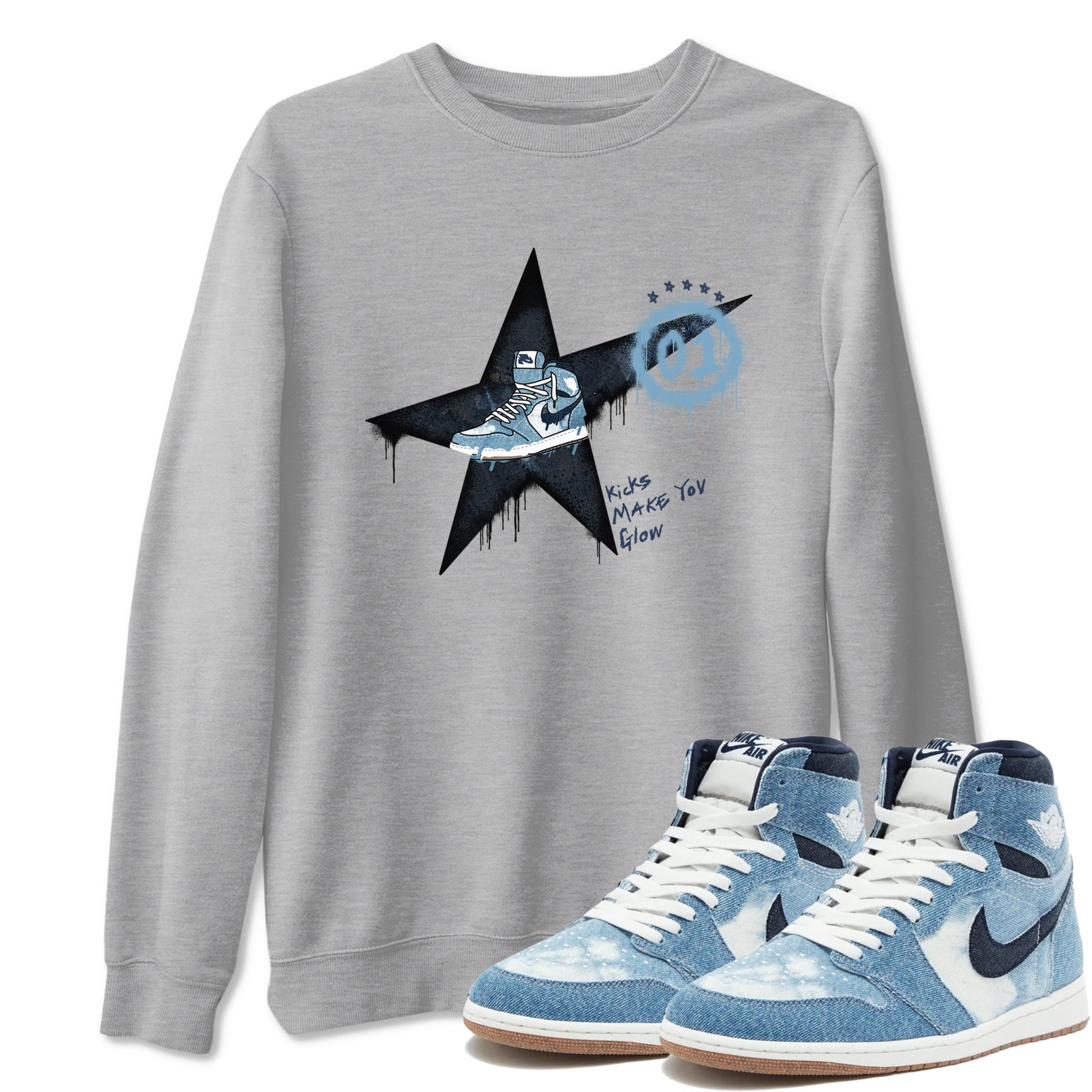 1s Denim shirts to match jordans Kicks Make You Glow sneaker match tees Air Jordan 1 Denim SNRT Sneaker Tees streetwear brand Heather Grey 1 unisex cotton tee
