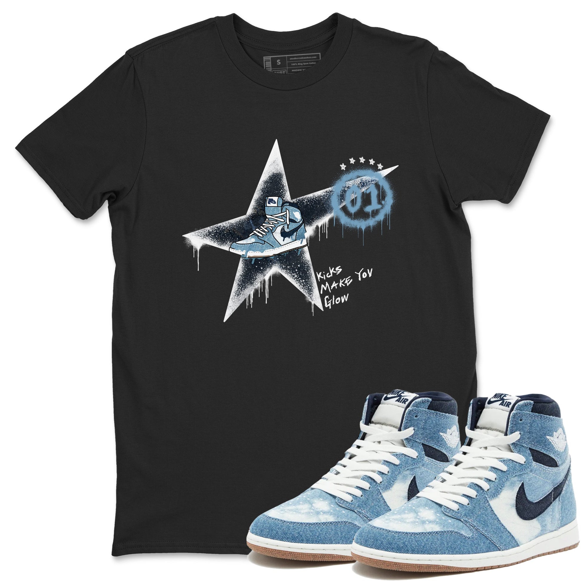 1s Denim shirts to match jordans Kicks Make You Glow sneaker match tees Air Jordan 1 Denim SNRT Sneaker Tees streetwear brand Black 1 unisex cotton tee