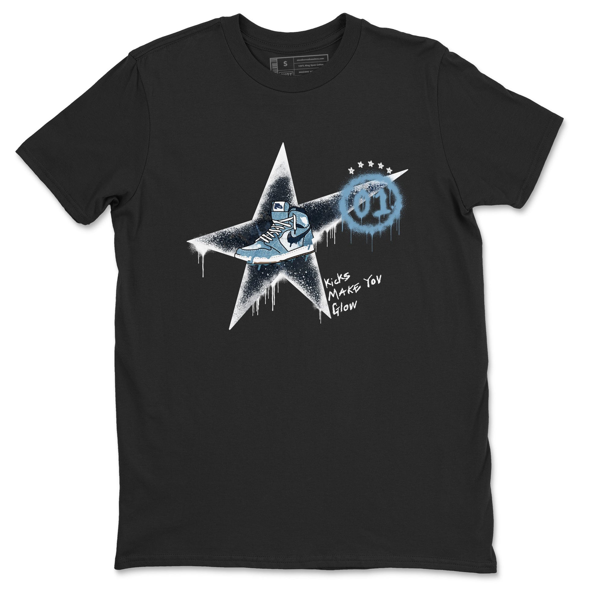 1s Denim shirts to match jordans Kicks Make You Glow sneaker match tees Air Jordan 1 Denim SNRT Sneaker Tees streetwear brand Black 2 unisex cotton tee