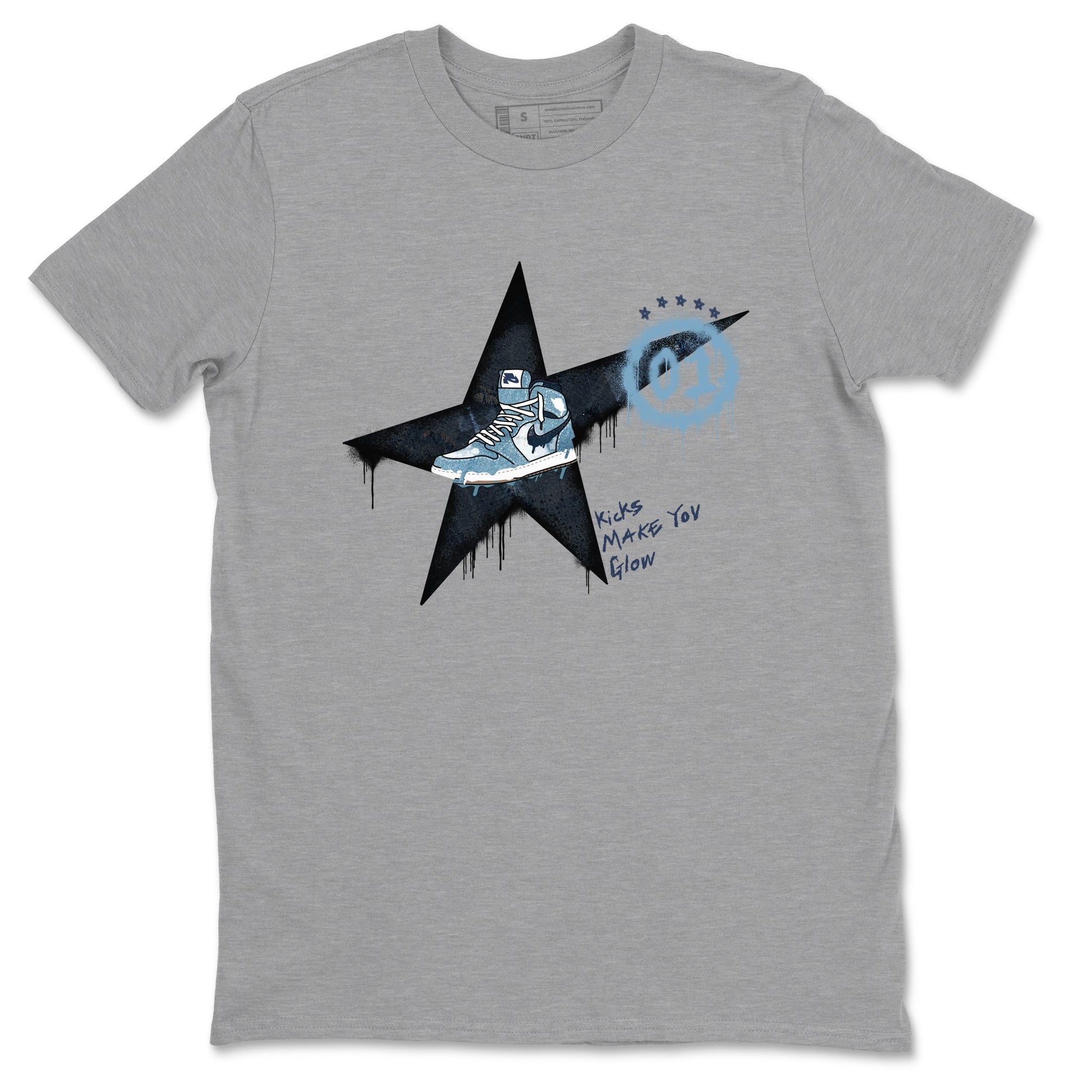 1s Denim shirts to match jordans Kicks Make You Glow sneaker match tees Air Jordan 1 Denim SNRT Sneaker Tees streetwear brand Heather Grey 2 unisex cotton tee