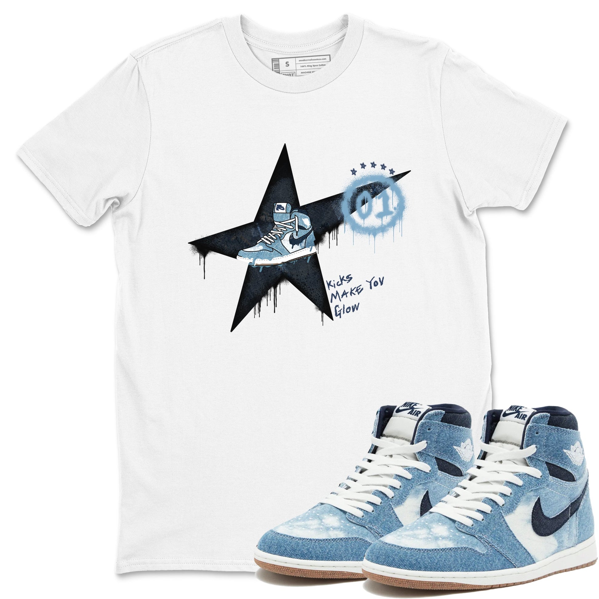 1s Denim shirts to match jordans Kicks Make You Glow sneaker match tees Air Jordan 1 Denim SNRT Sneaker Tees streetwear brand White 1 unisex cotton tee
