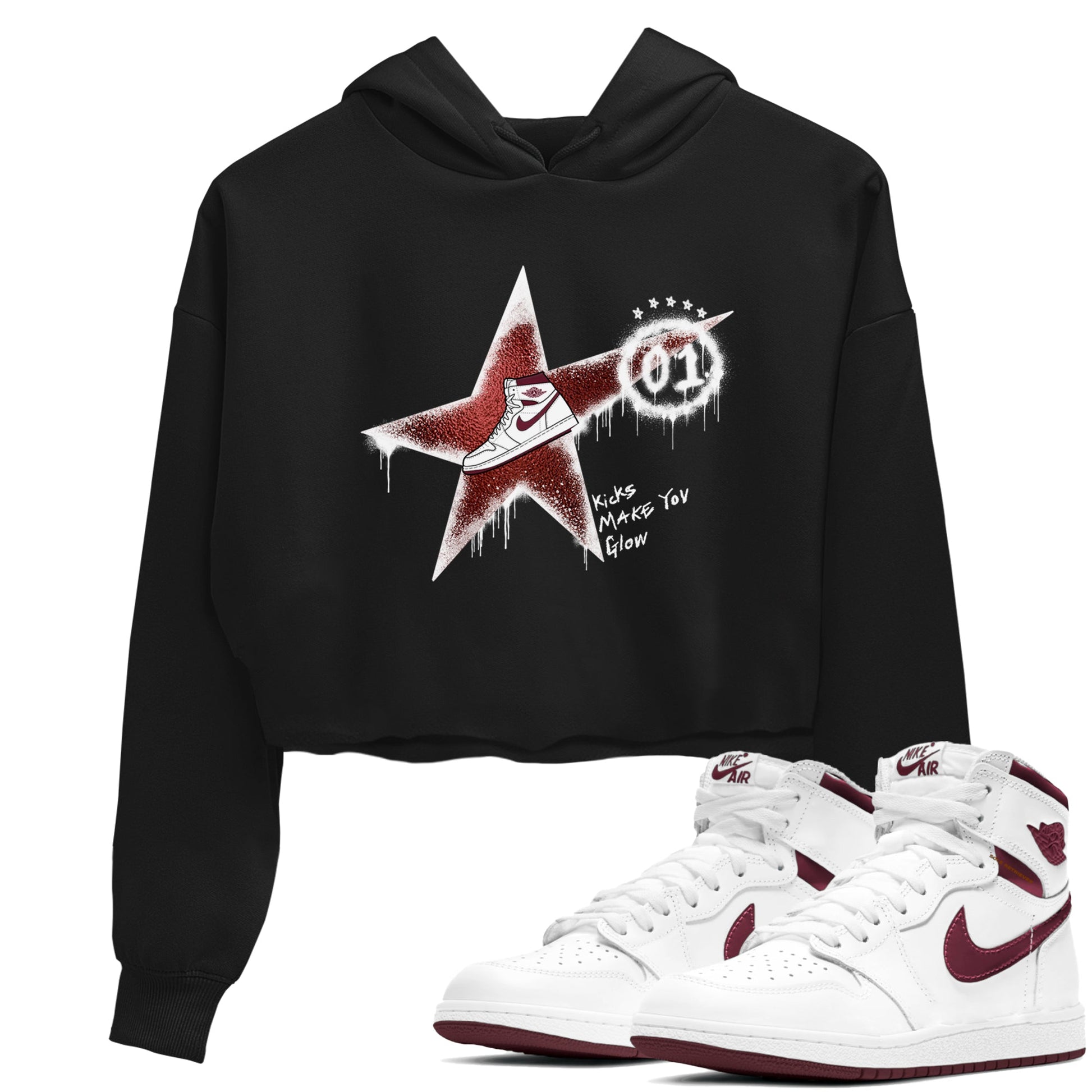 AJ1 High '85 Metallic Burgundy shirts to match jordans Kicks Make You Glow sneaker match tees 1s High '85 Metallic Burgundy SNRT Sneaker Tees streetwear brand Black 1 crop tee