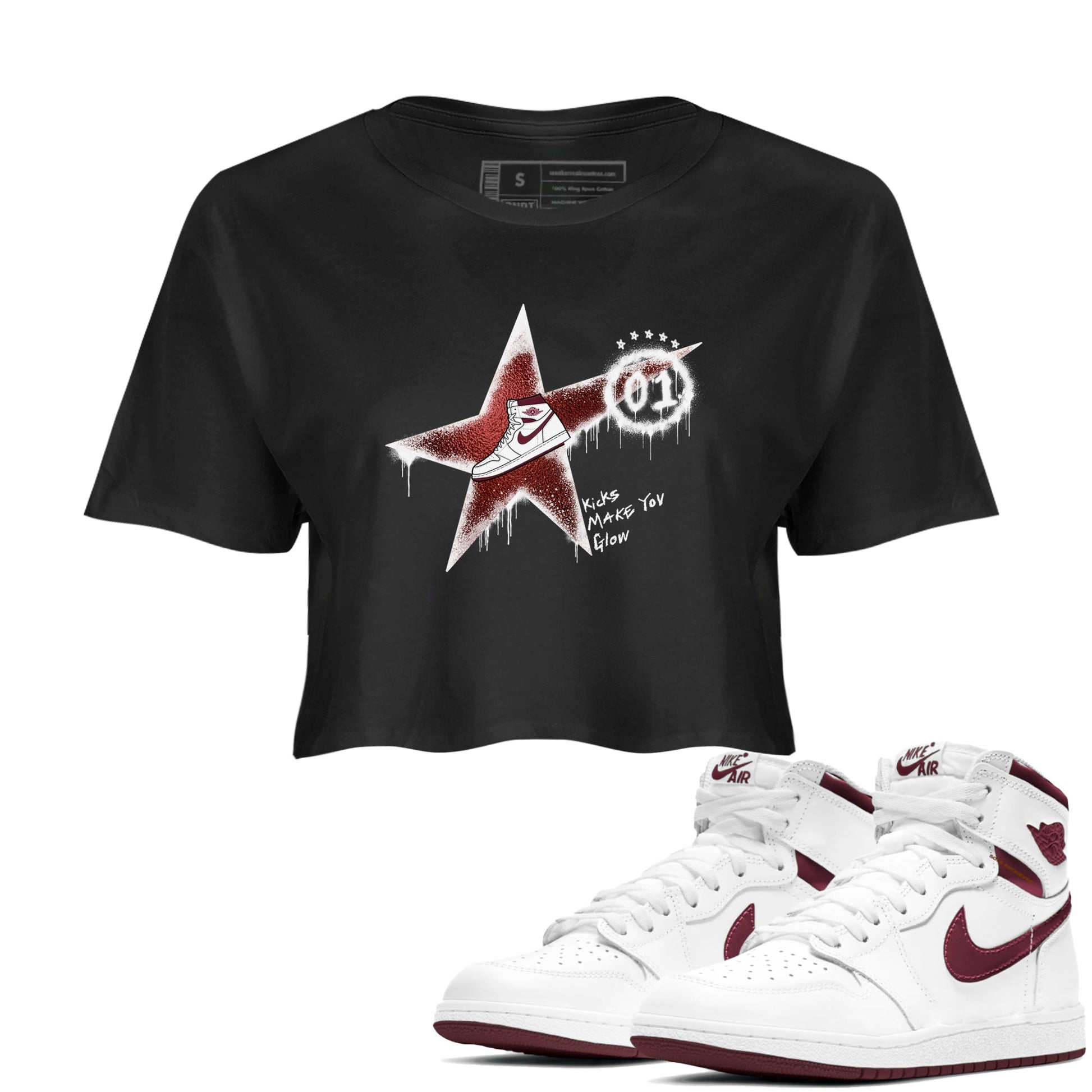 AJ1 High '85 Metallic Burgundy shirts to match jordans Kicks Make You Glow sneaker match tees 1s High '85 Metallic Burgundy SNRT Sneaker Tees streetwear brand Black 1 crop tee