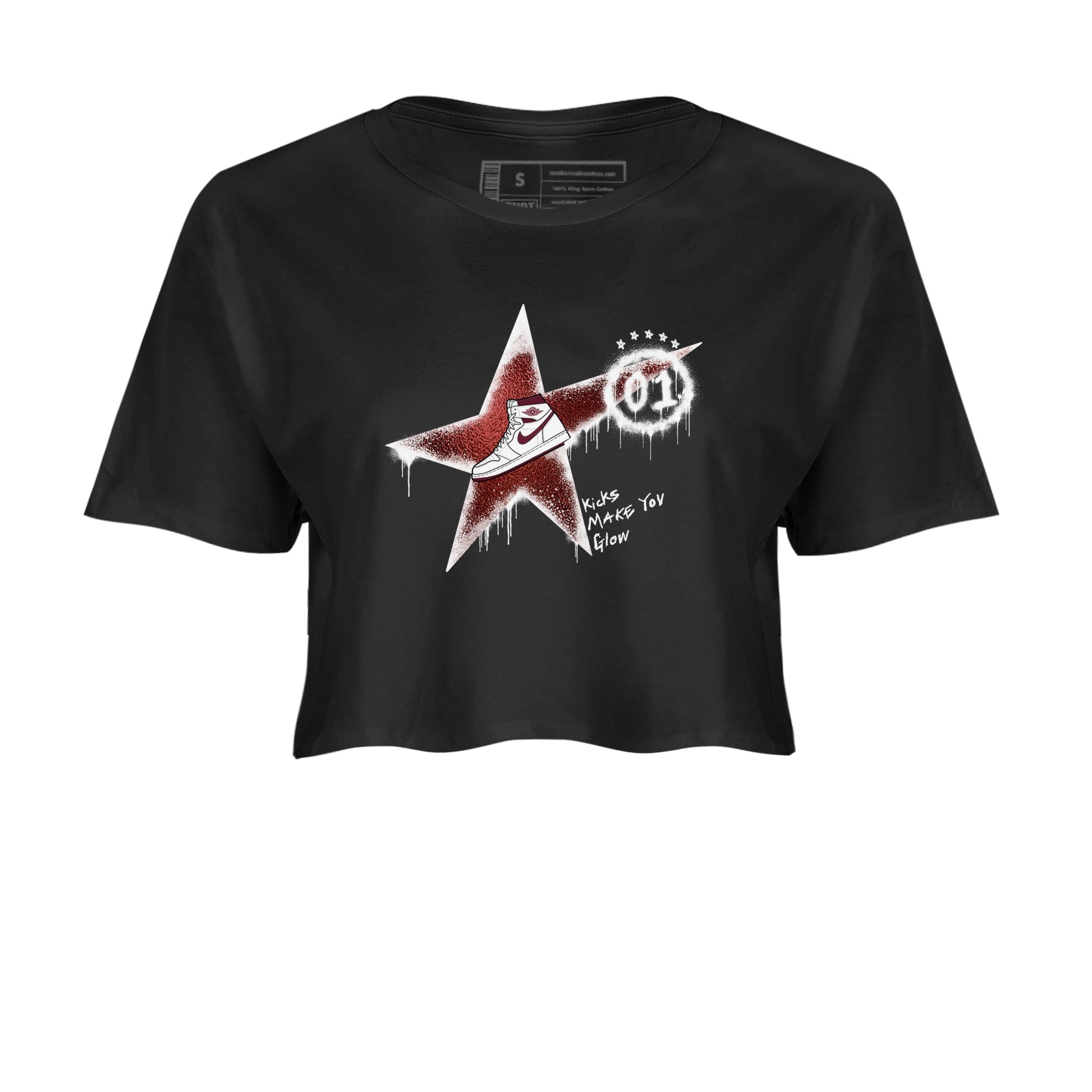 AJ1 High '85 Metallic Burgundy shirts to match jordans Kicks Make You Glow sneaker match tees 1s High '85 Metallic Burgundy SNRT Sneaker Tees streetwear brand Black 2 crop tee