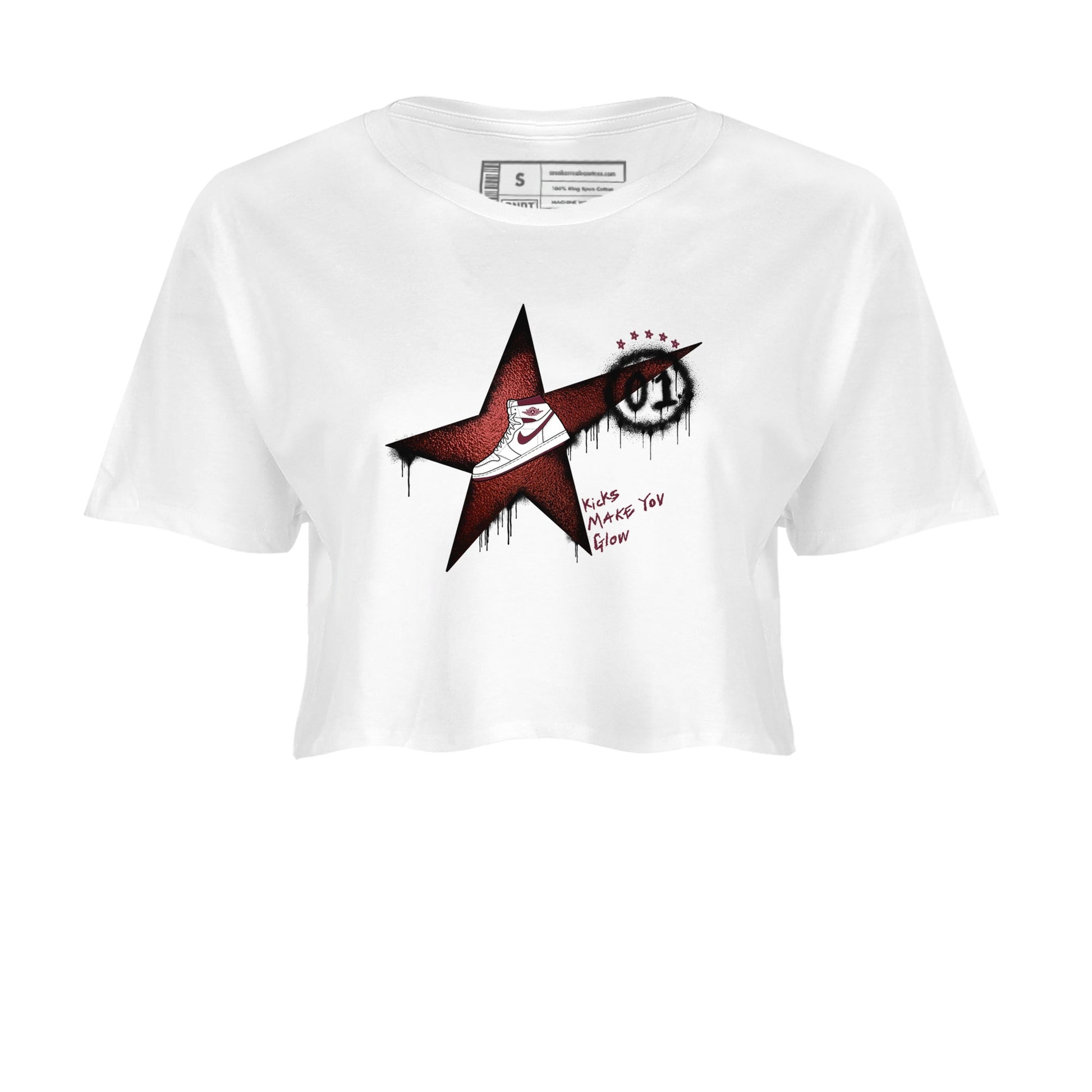 AJ1 High '85 Metallic Burgundy shirts to match jordans Kicks Make You Glow sneaker match tees 1s High '85 Metallic Burgundy SNRT Sneaker Tees streetwear brand White 2 crop tee