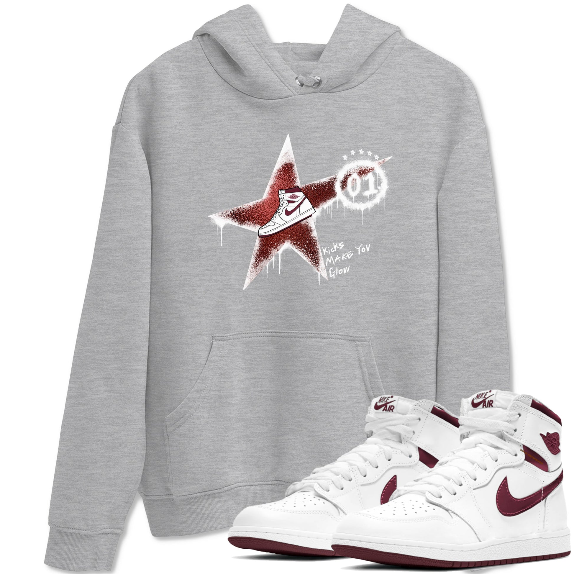 AJ1 High '85 Metallic Burgundy shirts to match jordans Kicks Make You Glow sneaker match tees 1s High '85 Metallic Burgundy SNRT Sneaker Tees streetwear brand Heather Grey 1 unisex cotton tee