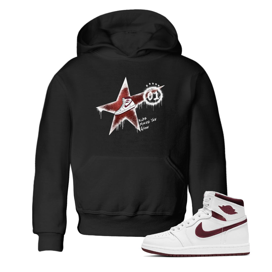 AJ1 High '85 Metallic Burgundy shirts to match jordans Kicks Make You Glow sneaker match tees 1s High '85 Metallic Burgundy SNRT Sneaker Tees streetwear brand Baby and Youth Black 1 cotton tee