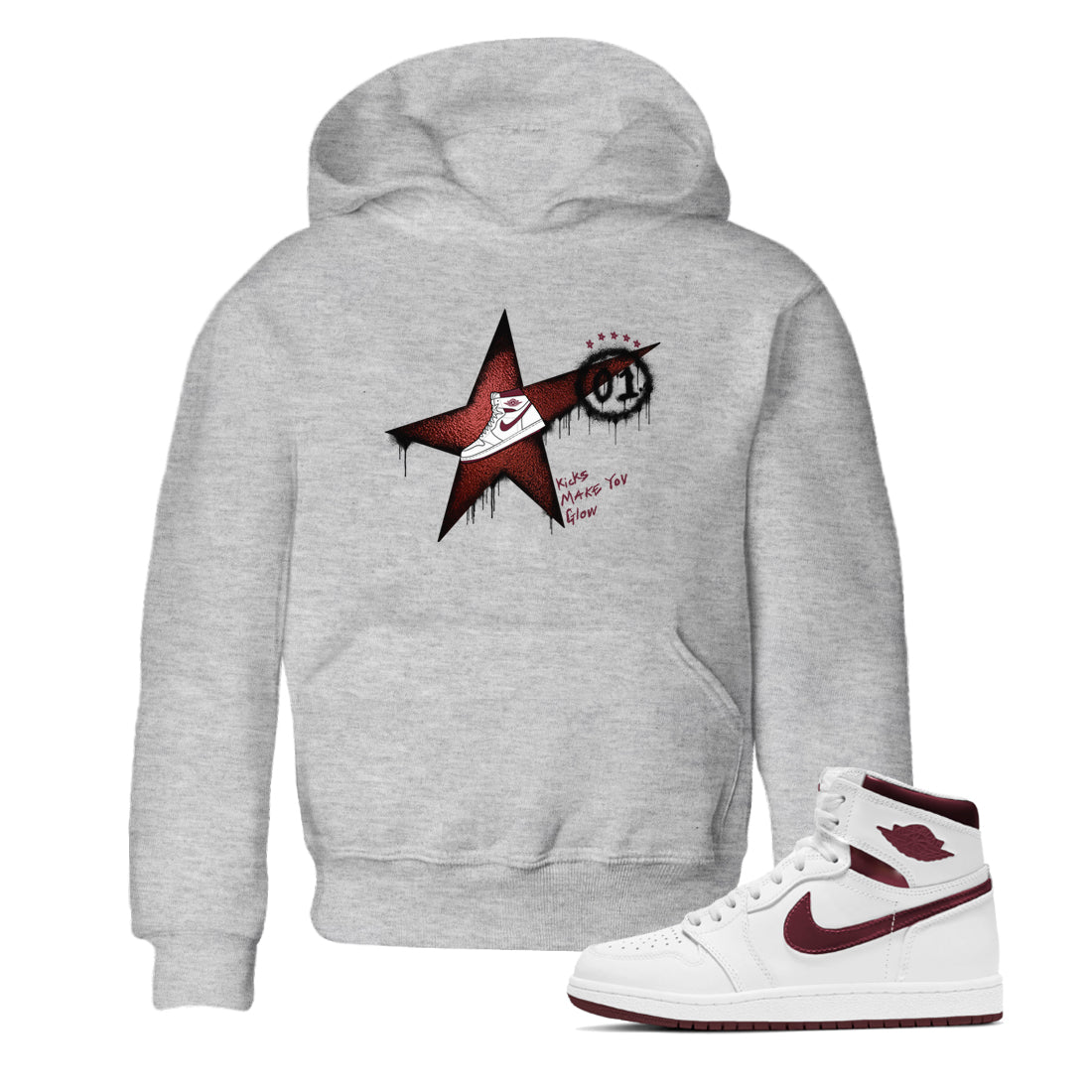 AJ1 High '85 Metallic Burgundy shirts to match jordans Kicks Make You Glow sneaker match tees 1s High '85 Metallic Burgundy SNRT Sneaker Tees streetwear brand Baby and Youth Heather Grey 1 cotton tee