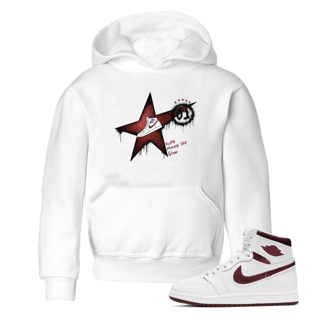 AJ1 High '85 Metallic Burgundy shirts to match jordans Kicks Make You Glow sneaker match tees 1s High '85 Metallic Burgundy SNRT Sneaker Tees streetwear brand Baby and Youth White 1 cotton tee