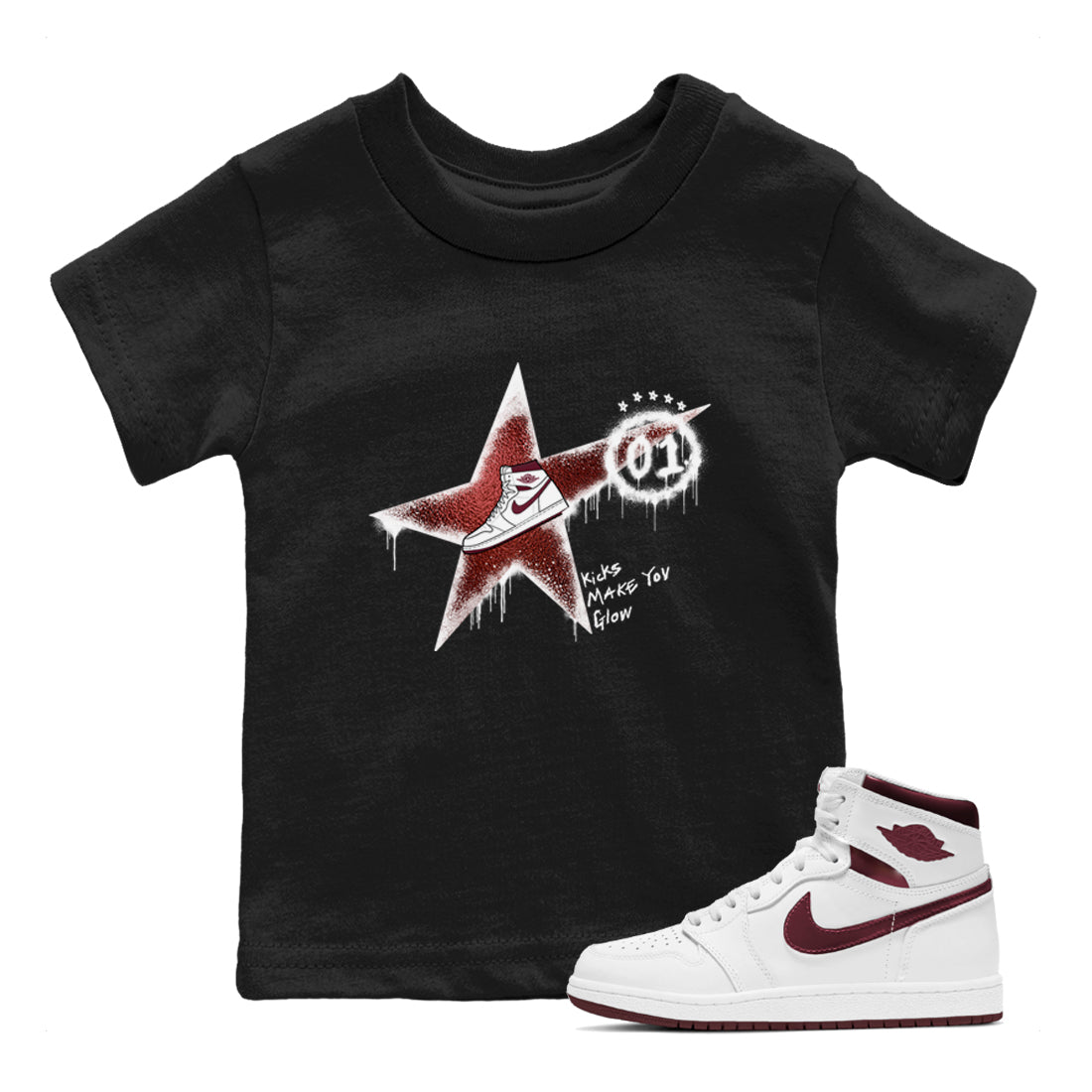 AJ1 High '85 Metallic Burgundy shirts to match jordans Kicks Make You Glow sneaker match tees 1s High '85 Metallic Burgundy SNRT Sneaker Tees streetwear brand Baby and Youth Black 1 cotton tee