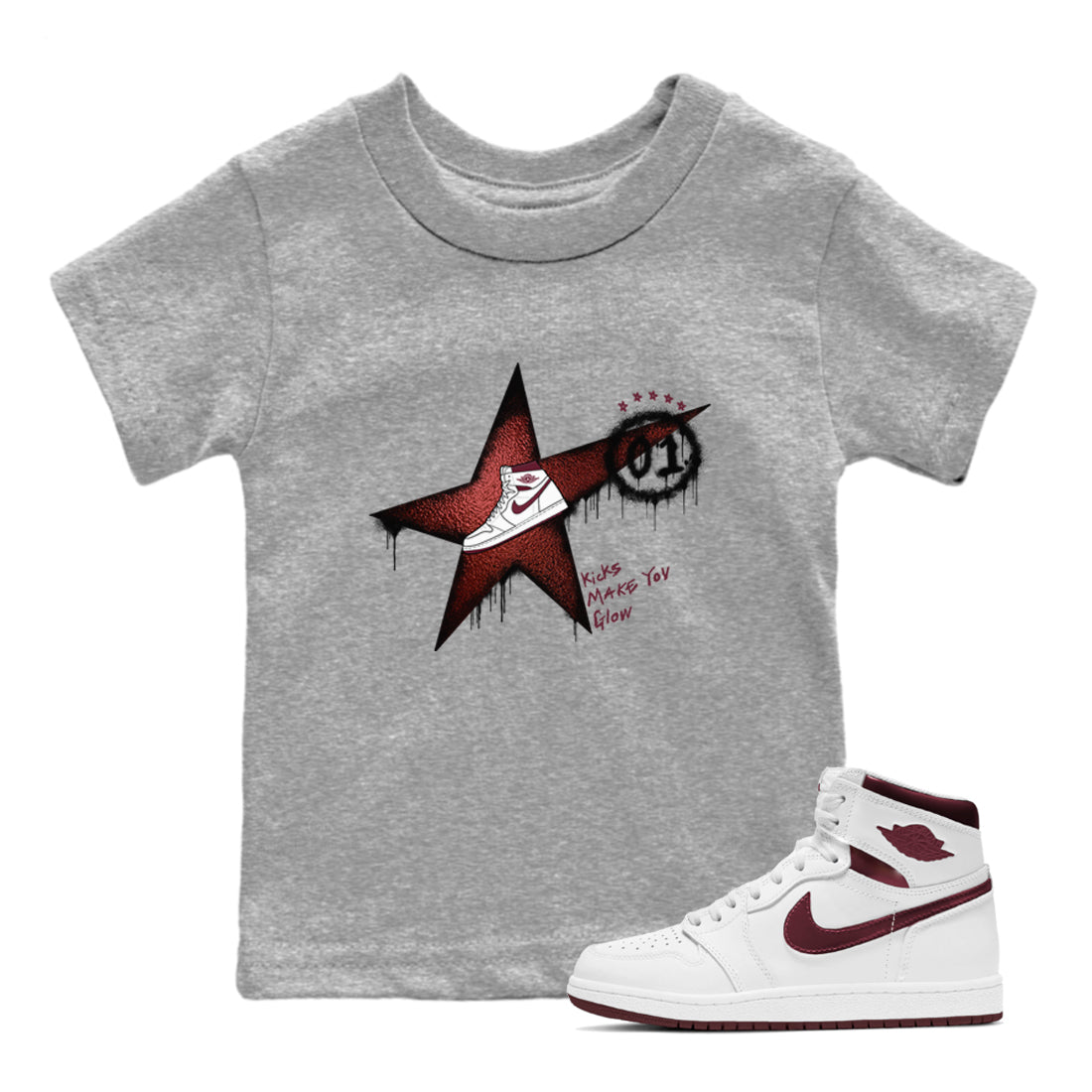 AJ1 High '85 Metallic Burgundy shirts to match jordans Kicks Make You Glow sneaker match tees 1s High '85 Metallic Burgundy SNRT Sneaker Tees streetwear brand Baby and Youth Heather Grey 1 cotton tee