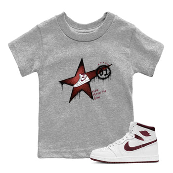 AJ1 High '85 Metallic Burgundy shirts to match jordans Kicks Make You Glow sneaker match tees 1s High '85 Metallic Burgundy SNRT Sneaker Tees streetwear brand Baby and Youth Heather Grey 1 cotton tee