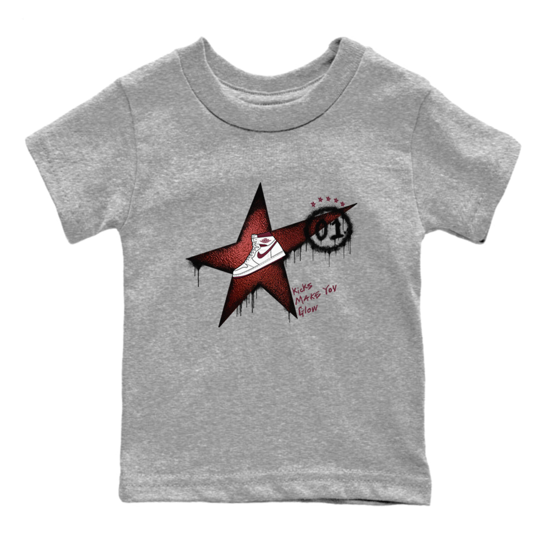 AJ1 High '85 Metallic Burgundy shirts to match jordans Kicks Make You Glow sneaker match tees 1s High '85 Metallic Burgundy SNRT Sneaker Tees streetwear brand Baby and Youth Heather Grey 2 cotton tee