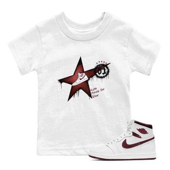 AJ1 High '85 Metallic Burgundy shirts to match jordans Kicks Make You Glow sneaker match tees 1s High '85 Metallic Burgundy SNRT Sneaker Tees streetwear brand Baby and Youth White 1 cotton tee