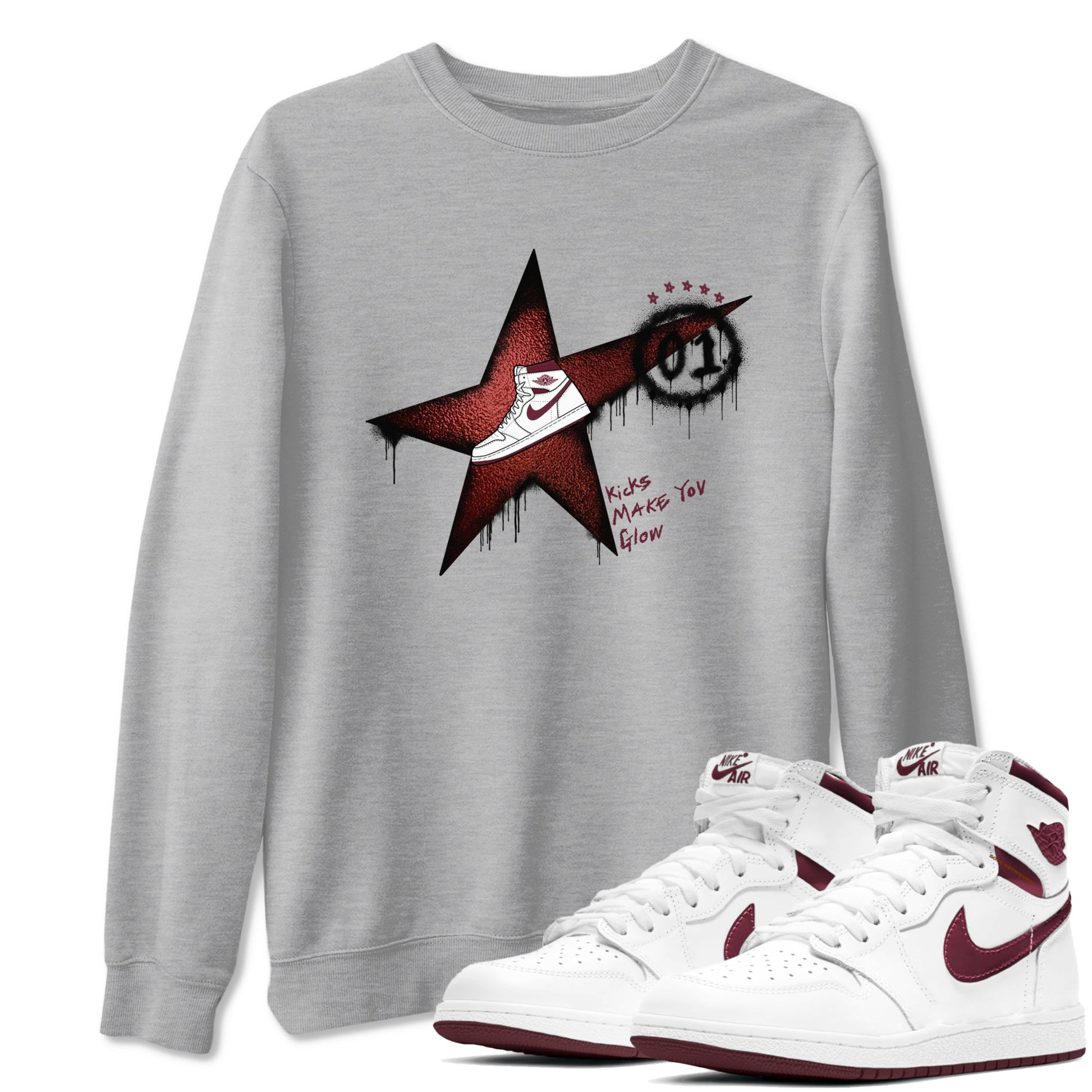 AJ1 High '85 Metallic Burgundy shirts to match jordans Kicks Make You Glow sneaker match tees 1s High '85 Metallic Burgundy SNRT Sneaker Tees streetwear brand Heather Grey 1 unisex cotton tee