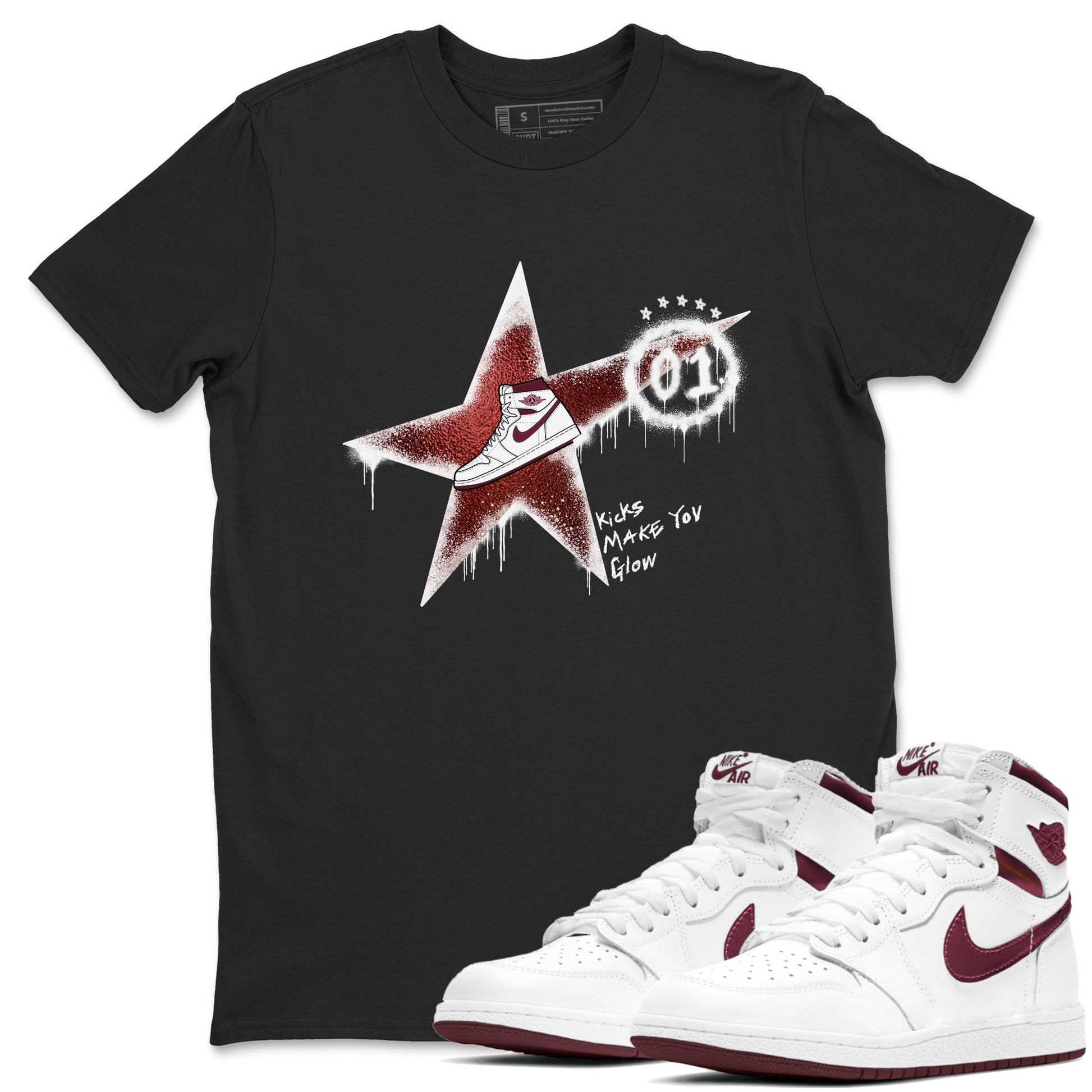 AJ1 High '85 Metallic Burgundy shirts to match jordans Kicks Make You Glow sneaker match tees 1s High '85 Metallic Burgundy SNRT Sneaker Tees streetwear brand Black 1 unisex cotton tee