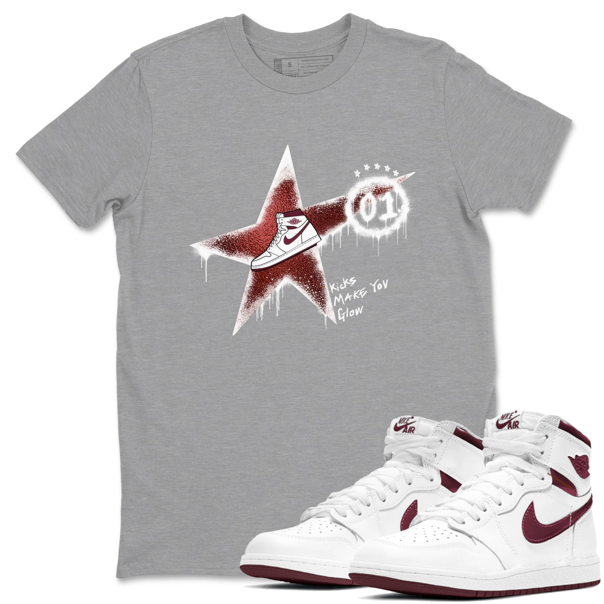 AJ1 High '85 Metallic Burgundy shirts to match jordans Kicks Make You Glow sneaker match tees 1s High '85 Metallic Burgundy SNRT Sneaker Tees streetwear brand Heather Grey 1 unisex cotton tee