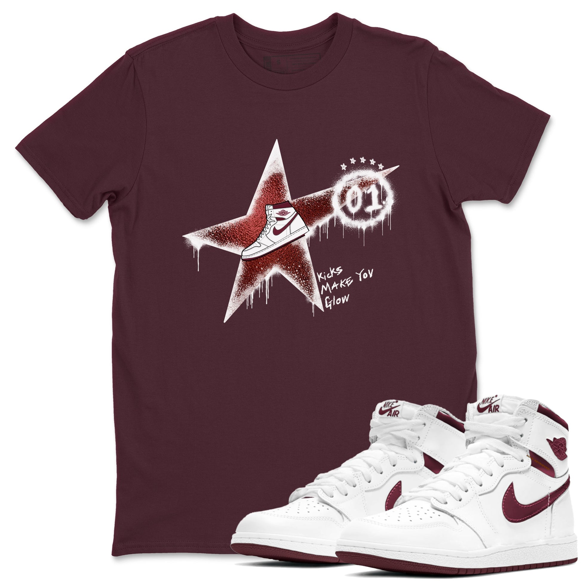AJ1 High '85 Metallic Burgundy shirts to match jordans Kicks Make You Glow sneaker match tees 1s High '85 Metallic Burgundy SNRT Sneaker Tees streetwear brand Maroon 1 unisex cotton tee