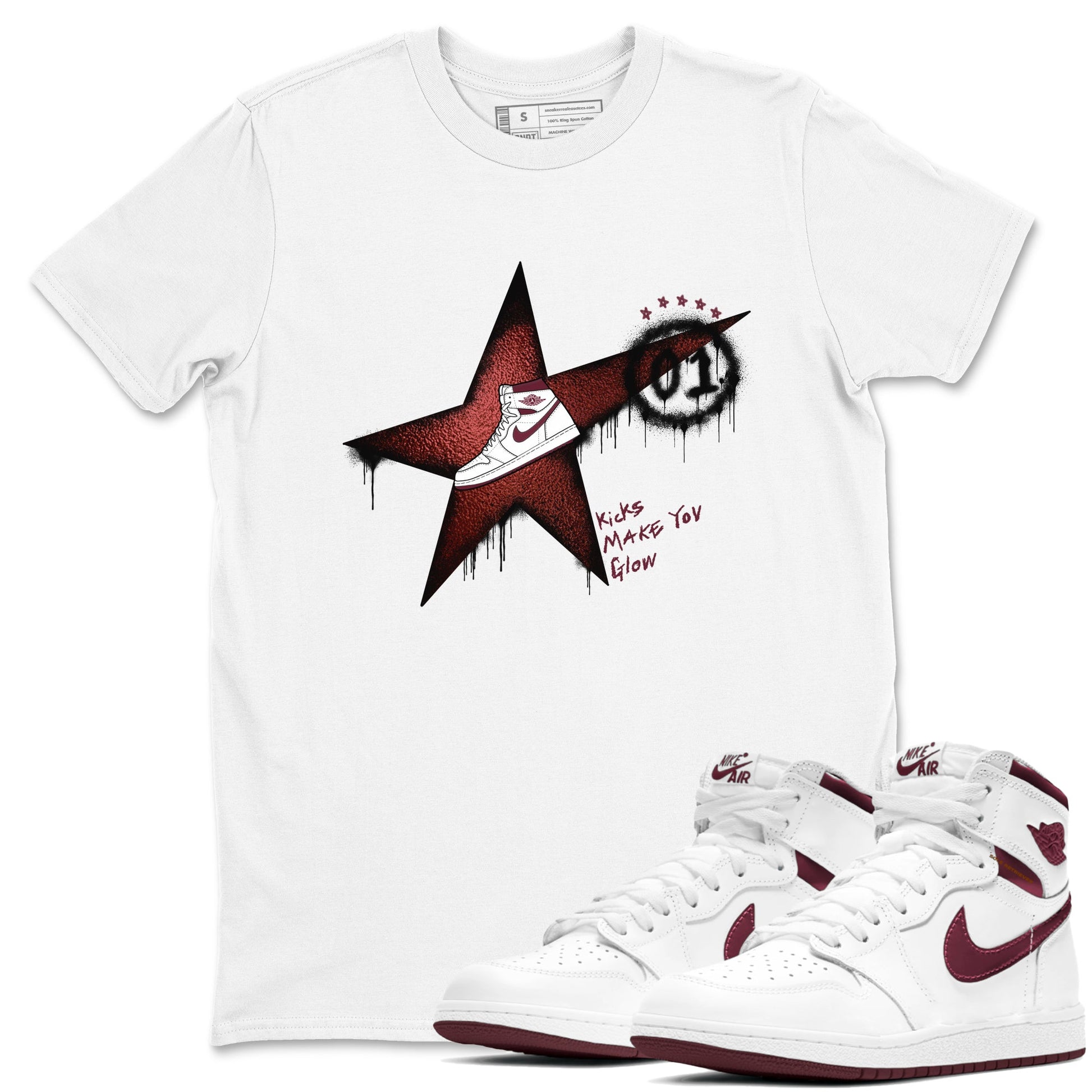 AJ1 High '85 Metallic Burgundy shirts to match jordans Kicks Make You Glow sneaker match tees 1s High '85 Metallic Burgundy SNRT Sneaker Tees streetwear brand White 1 unisex cotton tee