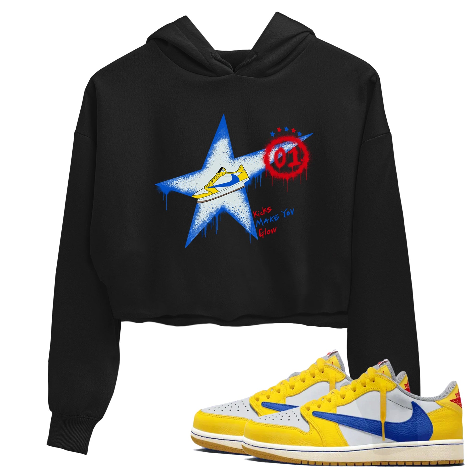 AJ1 Travis Scott Canary shirt to match jordans Kicks Make You Glow sneaker tees Air Jordan 1 Travis Scott Canary SNRT Sneaker Release Tees Black 1 crop length shirt