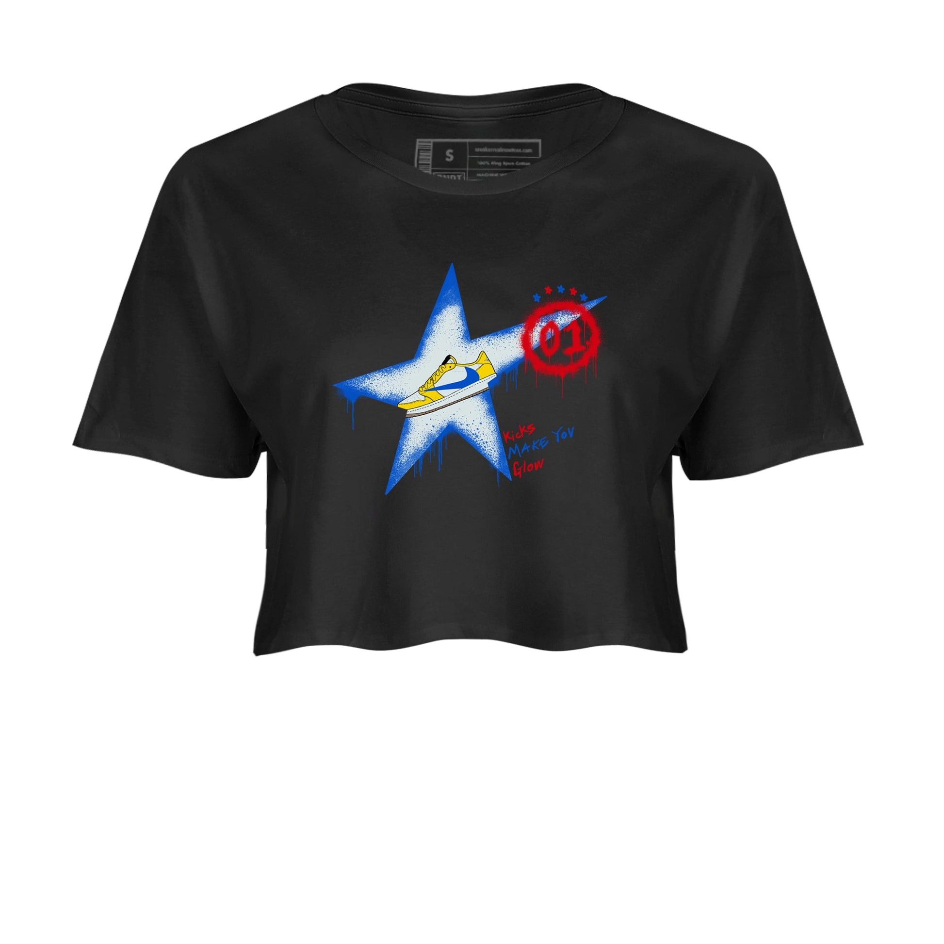 AJ1 Travis Scott Canary shirt to match jordans Kicks Make You Glow sneaker tees Air Jordan 1 Travis Scott Canary SNRT Sneaker Release Tees Black 2 crop length shirt