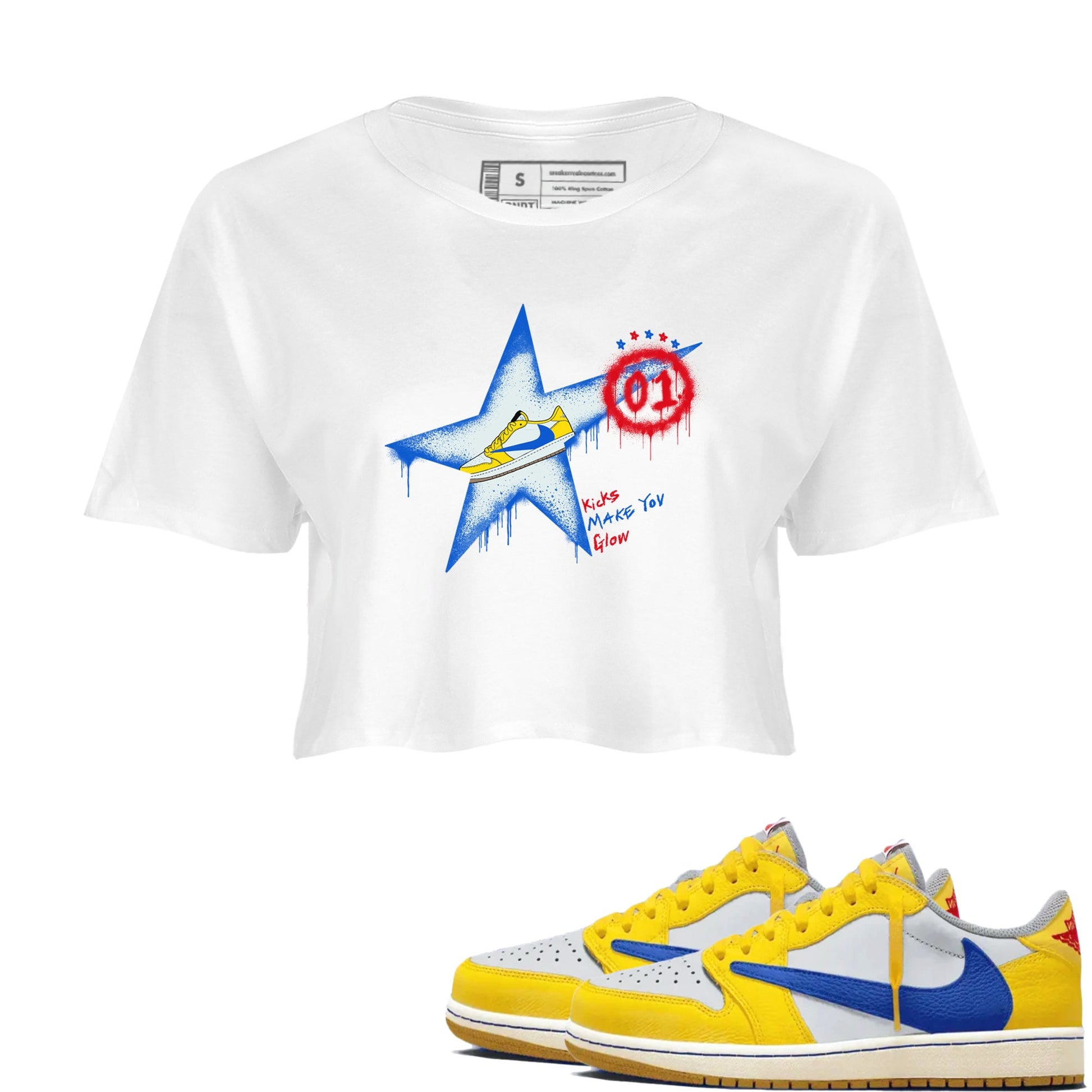 AJ1 Travis Scott Canary shirt to match jordans Kicks Make You Glow sneaker tees Air Jordan 1 Travis Scott Canary SNRT Sneaker Release Tees White 1 crop length shirt