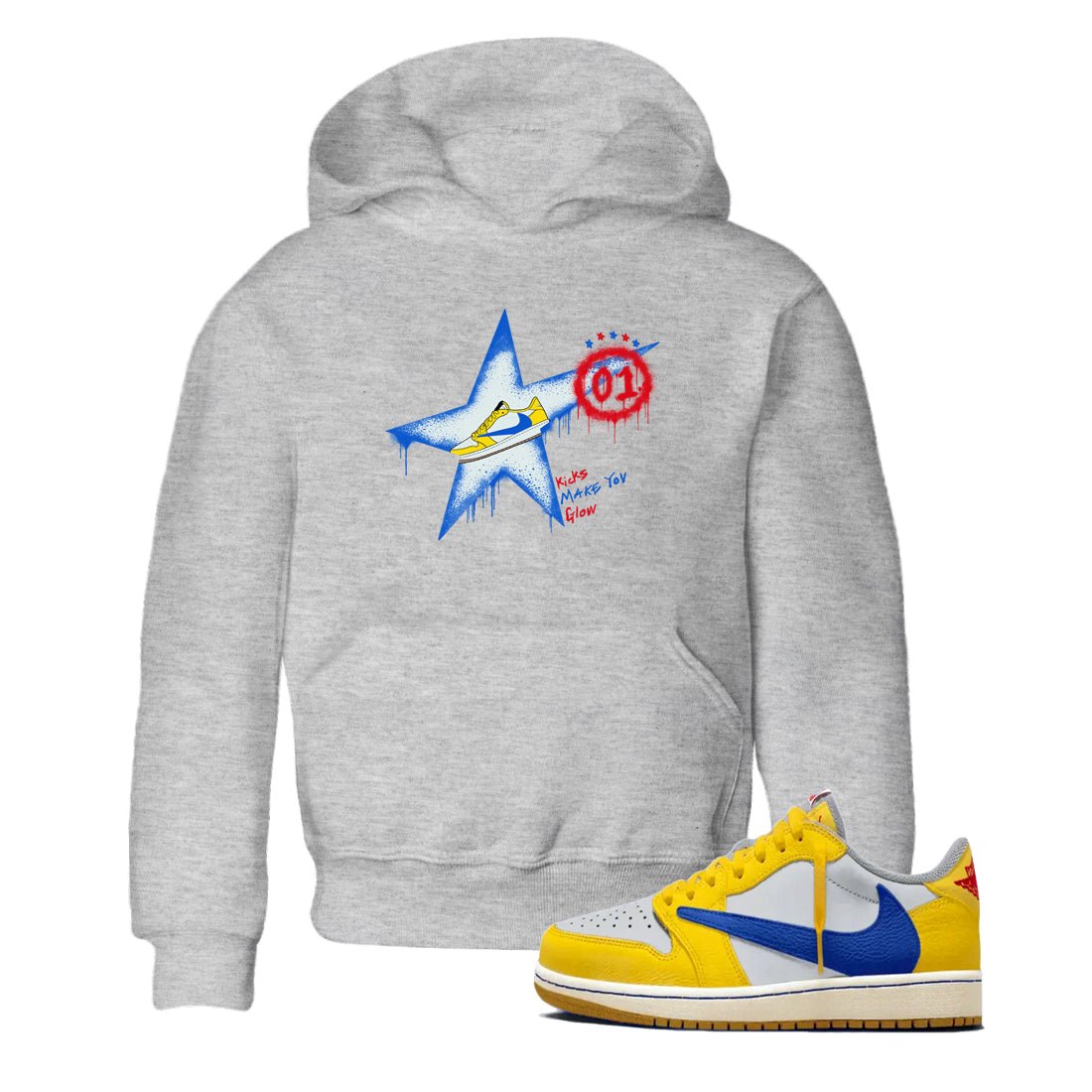 AJ1 Travis Scott Canary shirt to match jordans Kicks Make You Glow sneaker tees Air Jordan 1 Travis Scott Canary SNRT sneaker release tees baby toddler Heather Grey 1 cotton Shirt