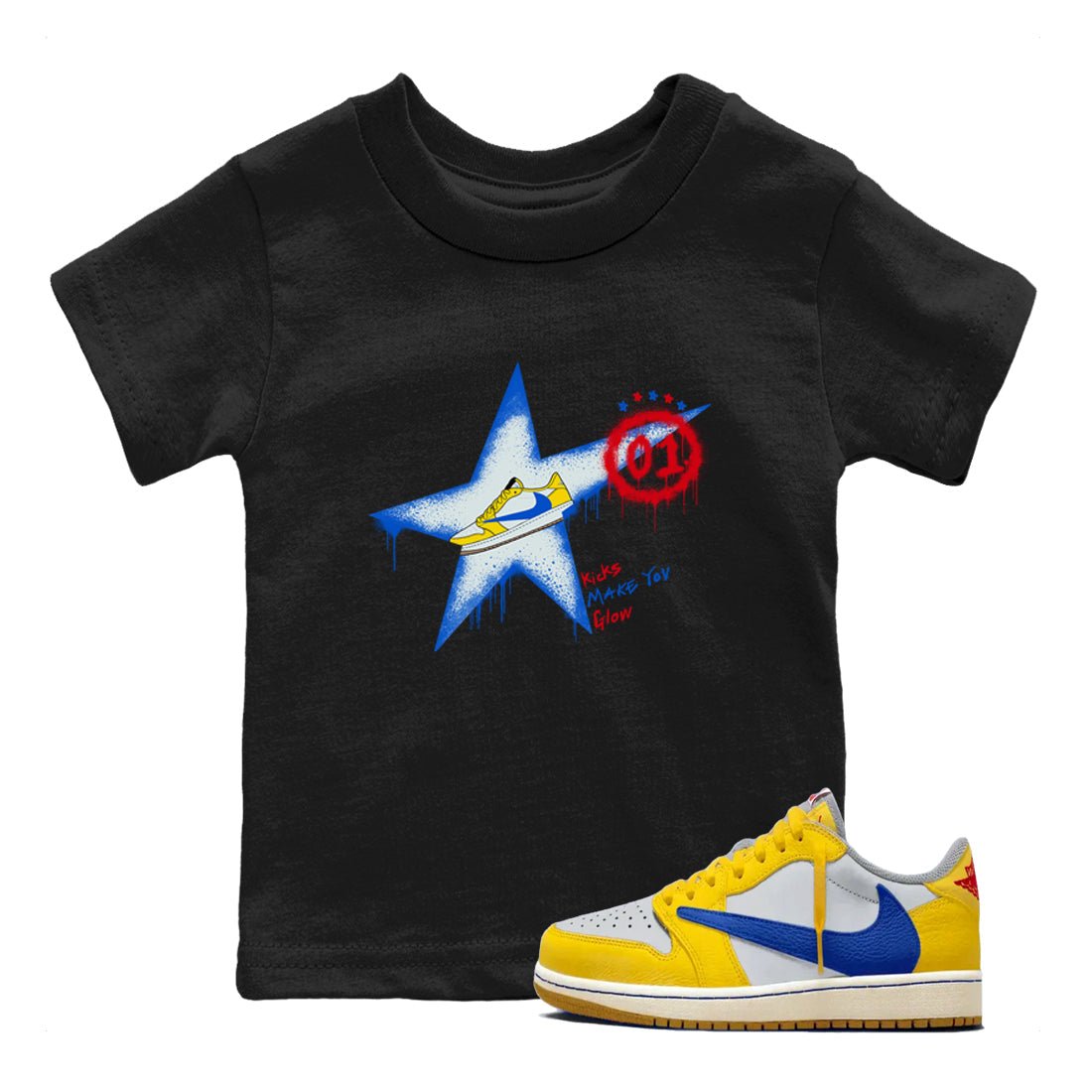 AJ1 Travis Scott Canary shirt to match jordans Kicks Make You Glow sneaker tees Air Jordan 1 Travis Scott Canary SNRT sneaker release tees baby toddler Black 1 cotton Shirt