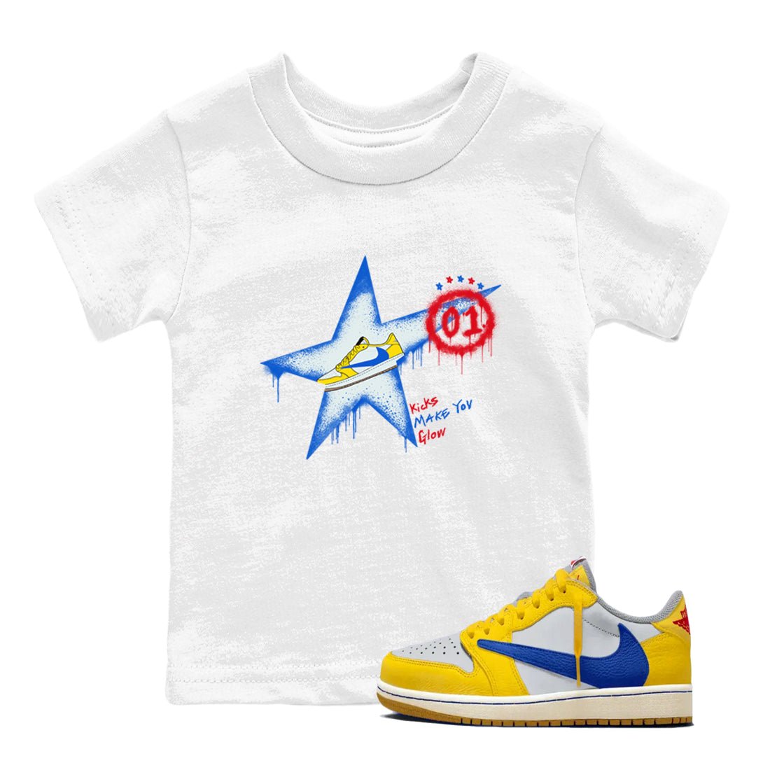 AJ1 Travis Scott Canary shirt to match jordans Kicks Make You Glow sneaker tees Air Jordan 1 Travis Scott Canary SNRT sneaker release tees baby toddler White 1 cotton Shirt