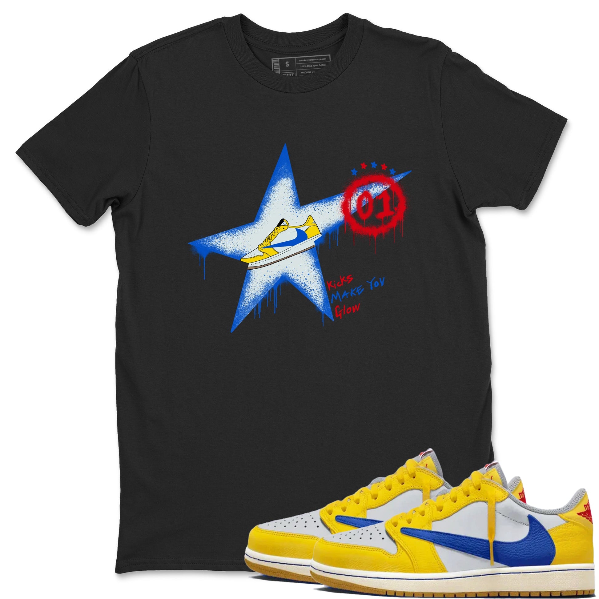 AJ1 Travis Scott Canary shirt to match jordans Kicks Make You Glow sneaker tees Air Jordan 1 Travis Scott Canary SNRT Sneaker Release Tees unisex cotton Black 1 crew neck shirt