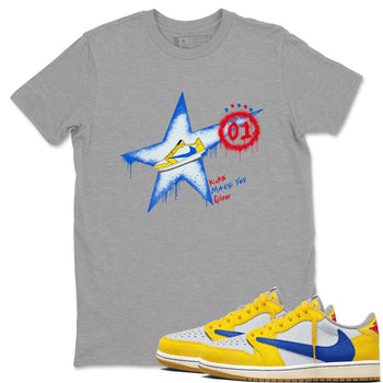 AJ1 Travis Scott Canary shirt to match jordans Kicks Make You Glow sneaker tees Air Jordan 1 Travis Scott Canary SNRT Sneaker Release Tees unisex cotton Heather Grey 1 crew neck shirt