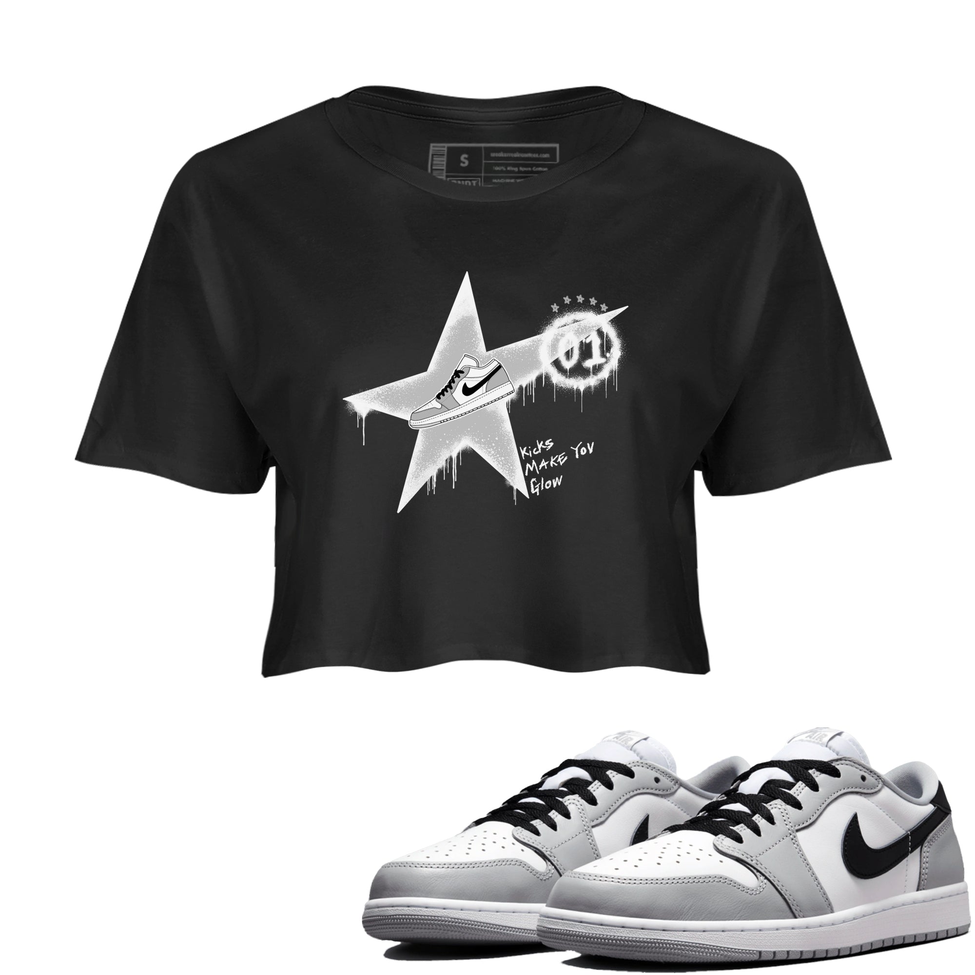 1s Wolf Grey shirts to match jordans Kicks Make You Glow sneaker match tees Air Jordan 1 Wolf Grey SNRT Sneaker Tees streetwear brand Black 1 crop tee