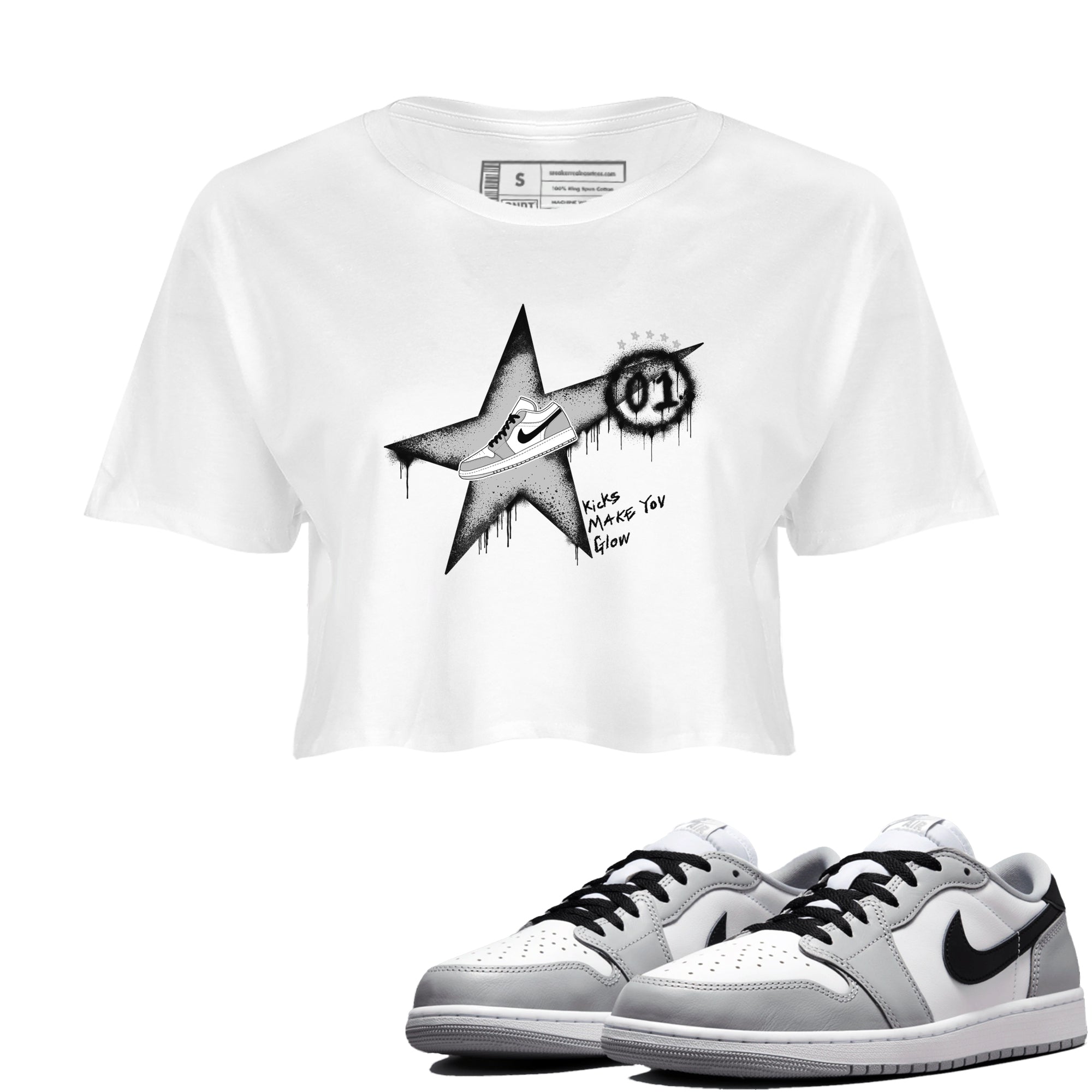 1s Wolf Grey shirts to match jordans Kicks Make You Glow sneaker match tees Air Jordan 1 Wolf Grey SNRT Sneaker Tees streetwear brand White 1 crop tee